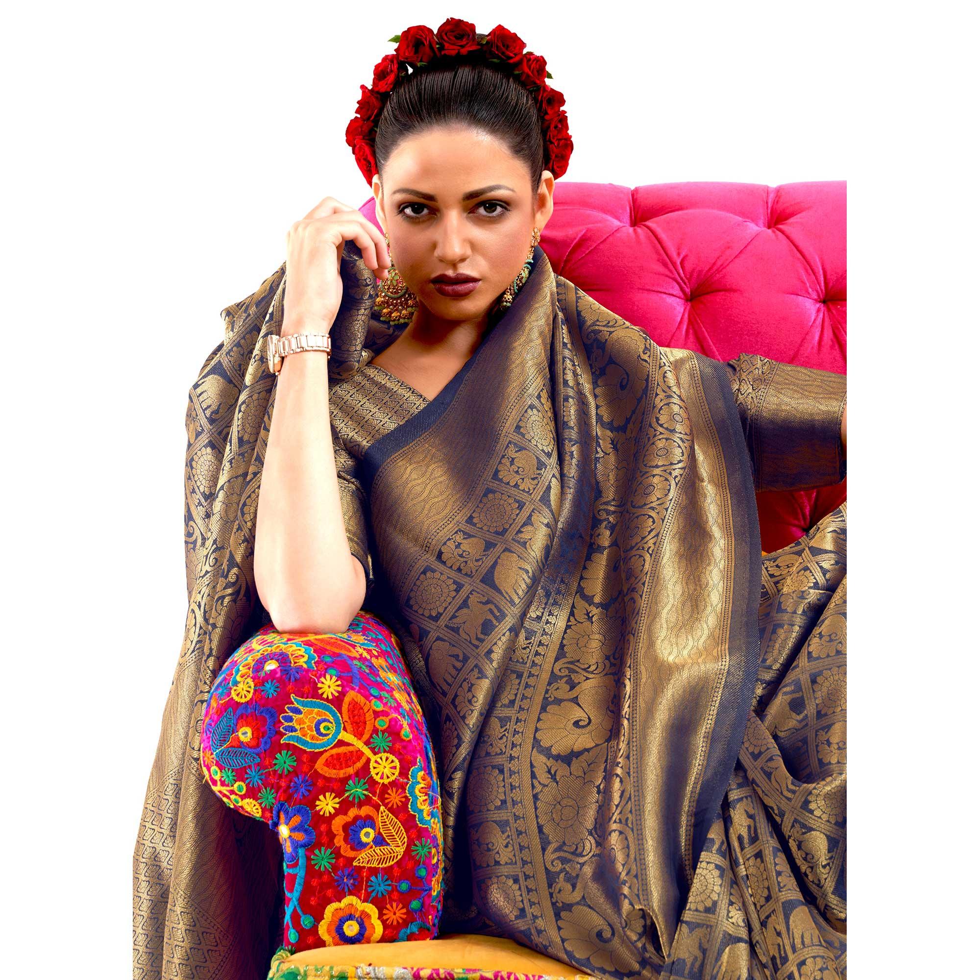 Blue Partywear Banarasi Woven Silk Saree - Peachmode