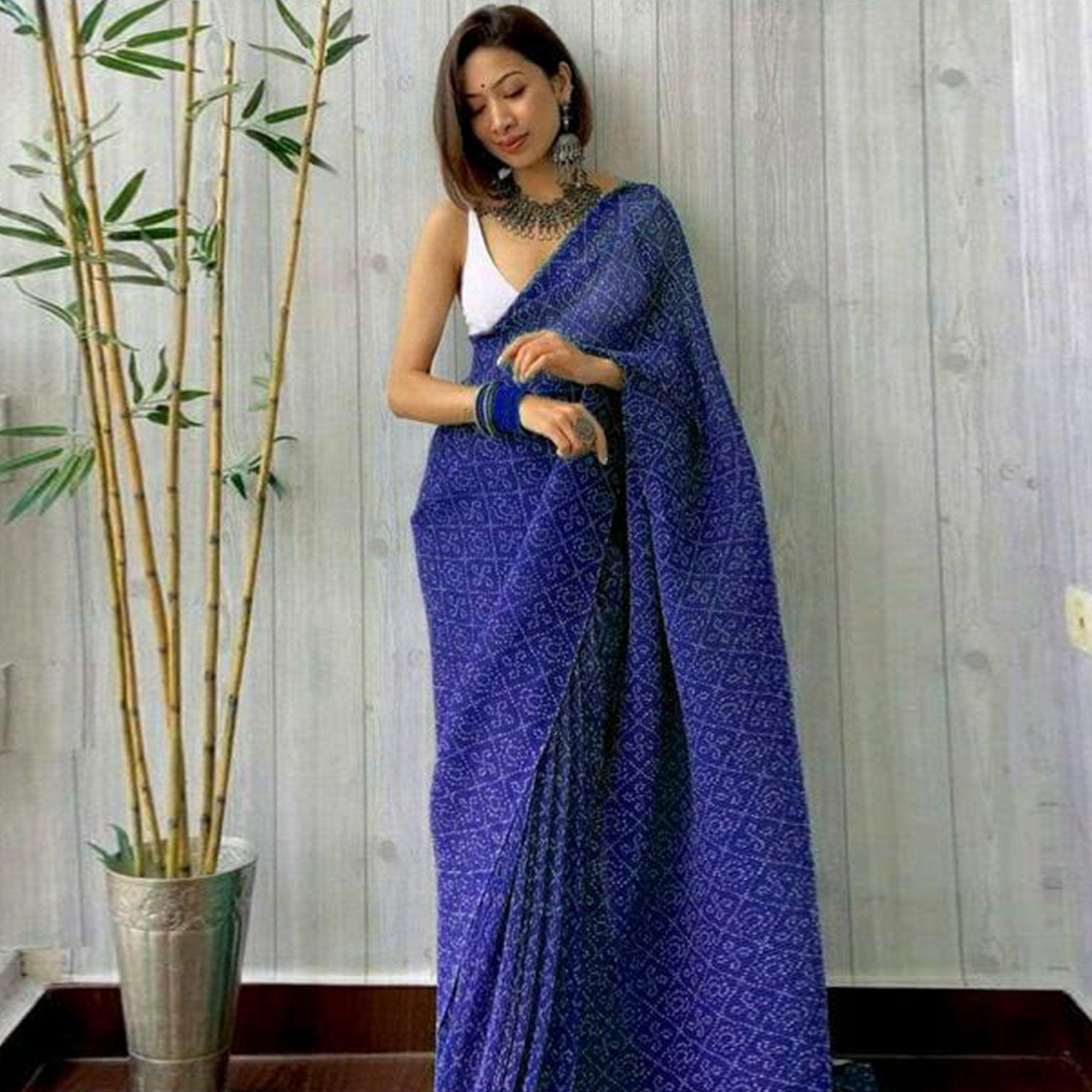 Blue Partywear Bandhani Printed Georgette Saree - Peachmode