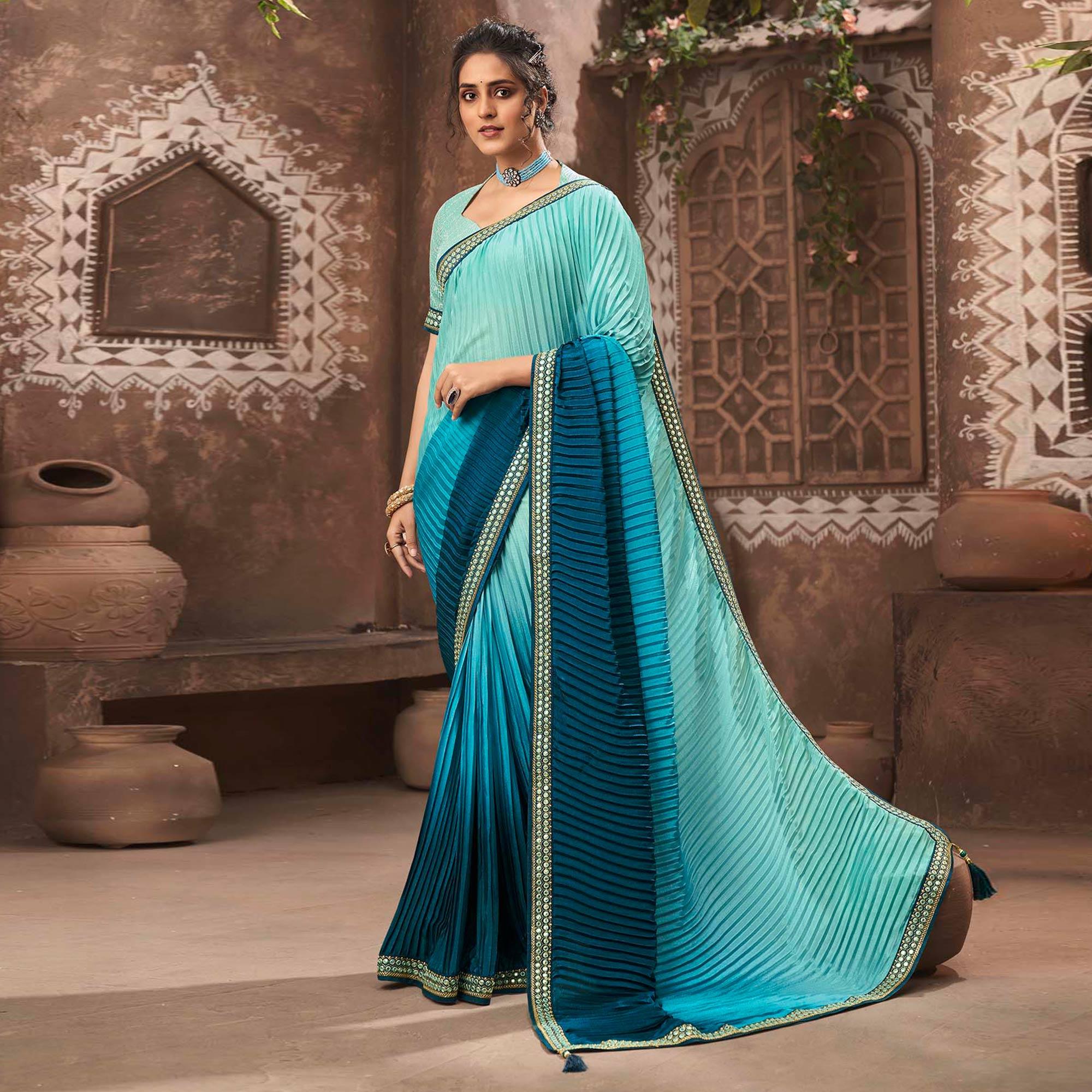 Blue Partywear Crushed Chiffon Saree with Fancy Lace - Peachmode