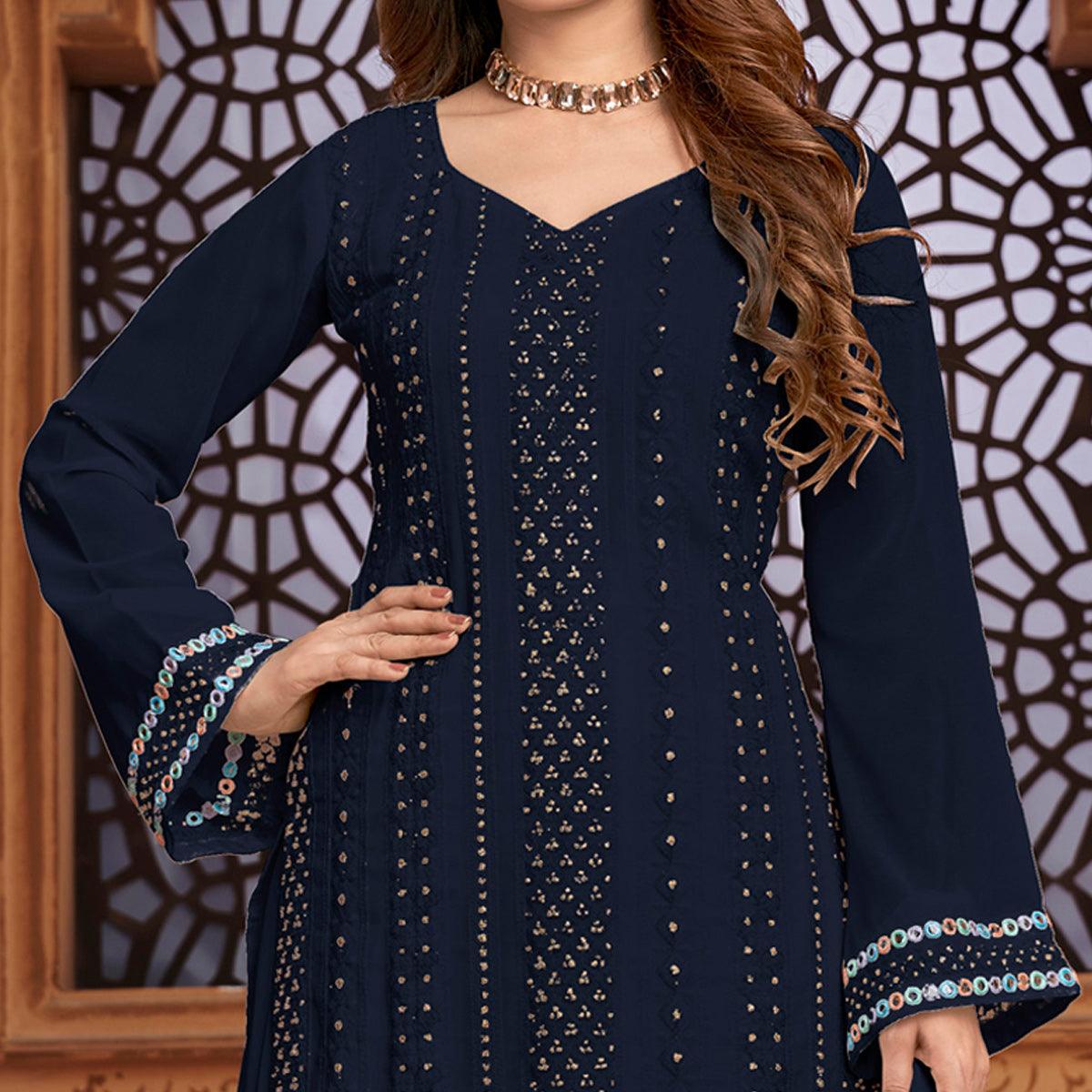 Blue Partywear Designer Embroidered Heavy Faux Georgette Palazzo Suit - Peachmode