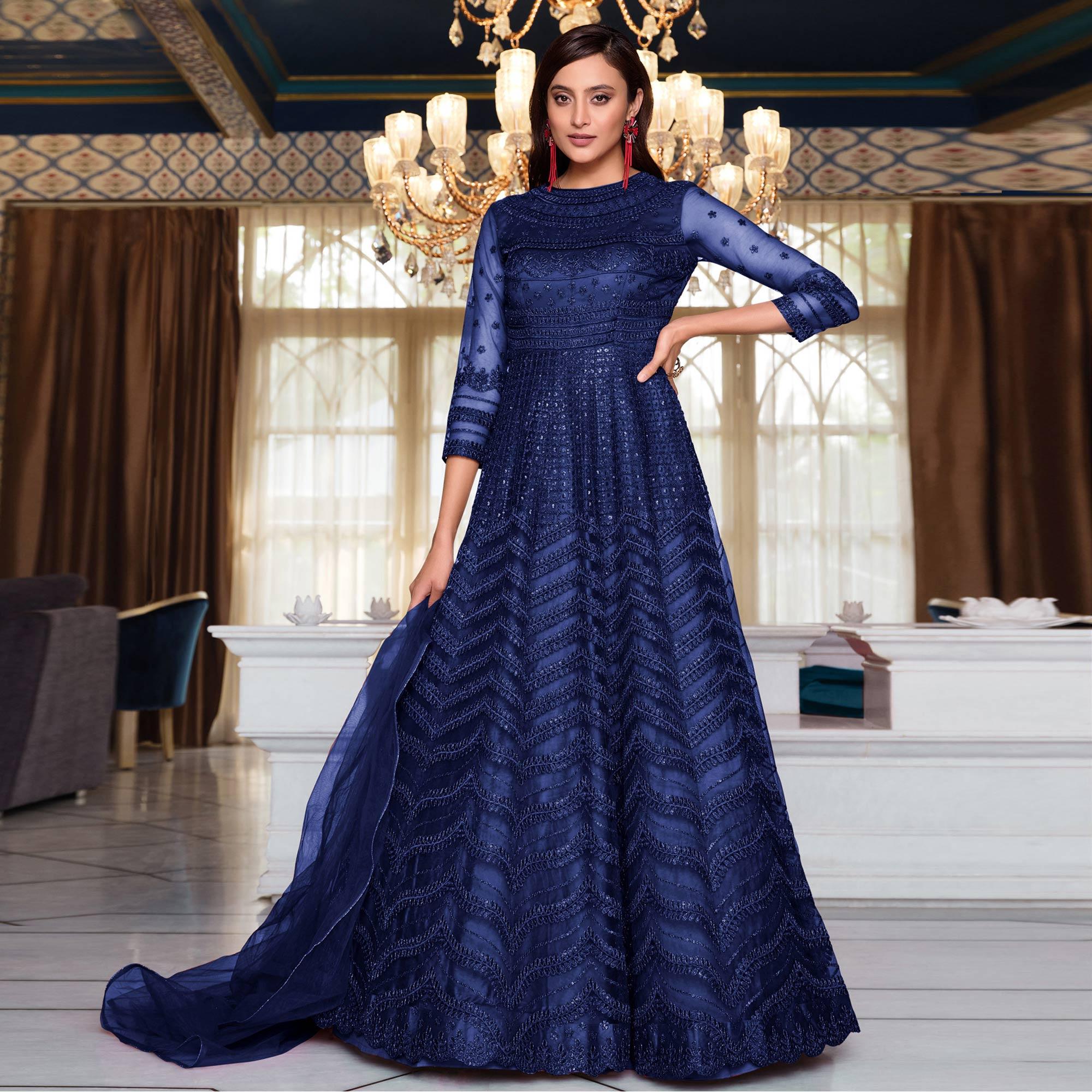 Blue Partywear Designer Embroidery Heavy Butterfly Net Anarkali Suit - Peachmode