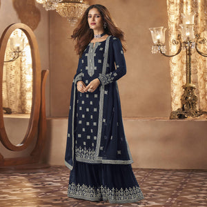 Blue Partywear Designer Floral Embroidered Georgette Palazzo Suit - Peachmode