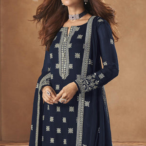 Blue Partywear Designer Floral Embroidered Georgette Palazzo Suit - Peachmode