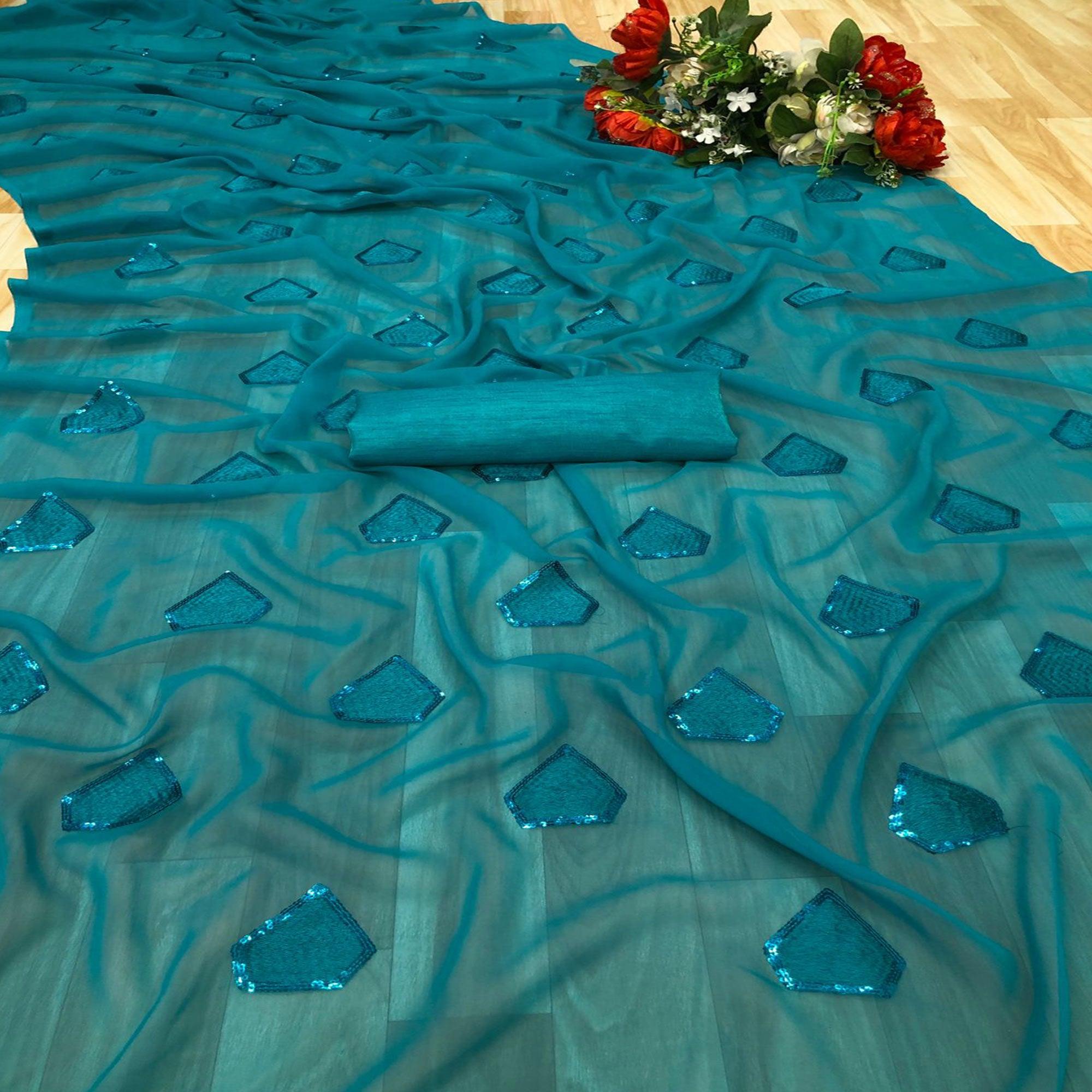 Blue Partywear Diamond Sequence Georgette Saree - Peachmode