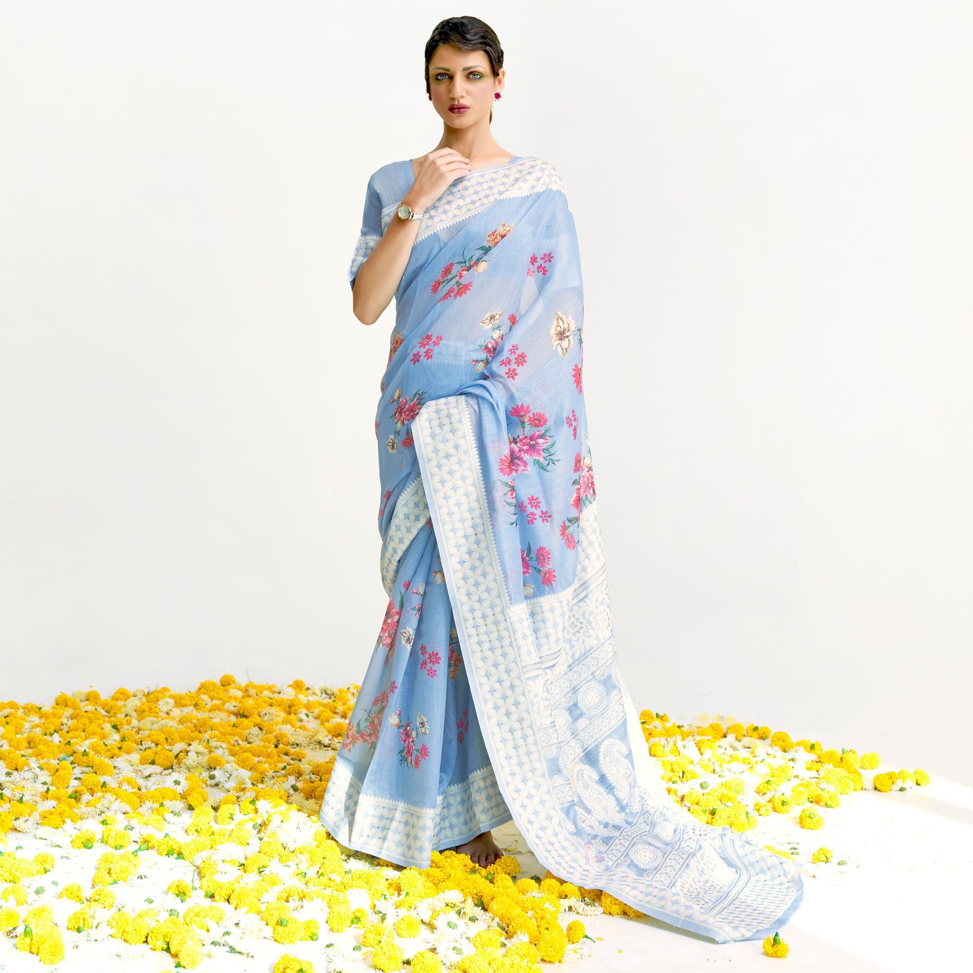 Blue Partywear Digital Printed Chanderi Saree - Peachmode