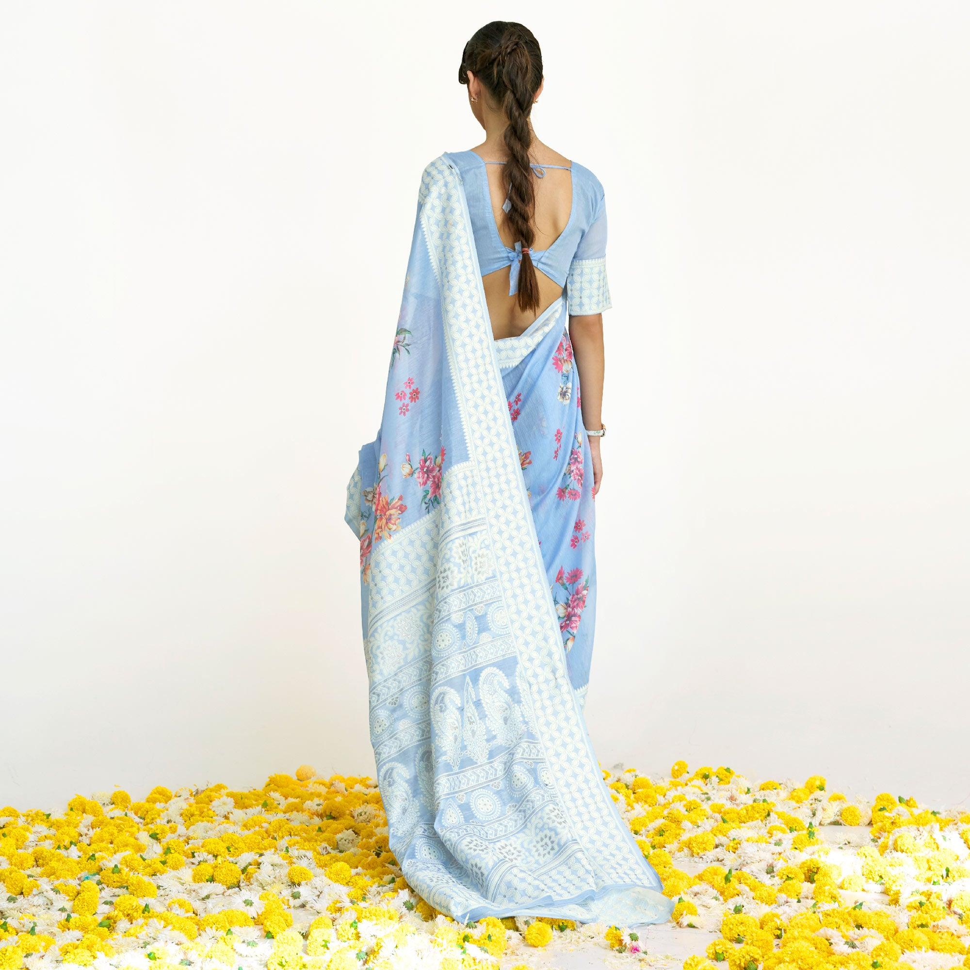 Blue Partywear Digital Printed Chanderi Saree - Peachmode