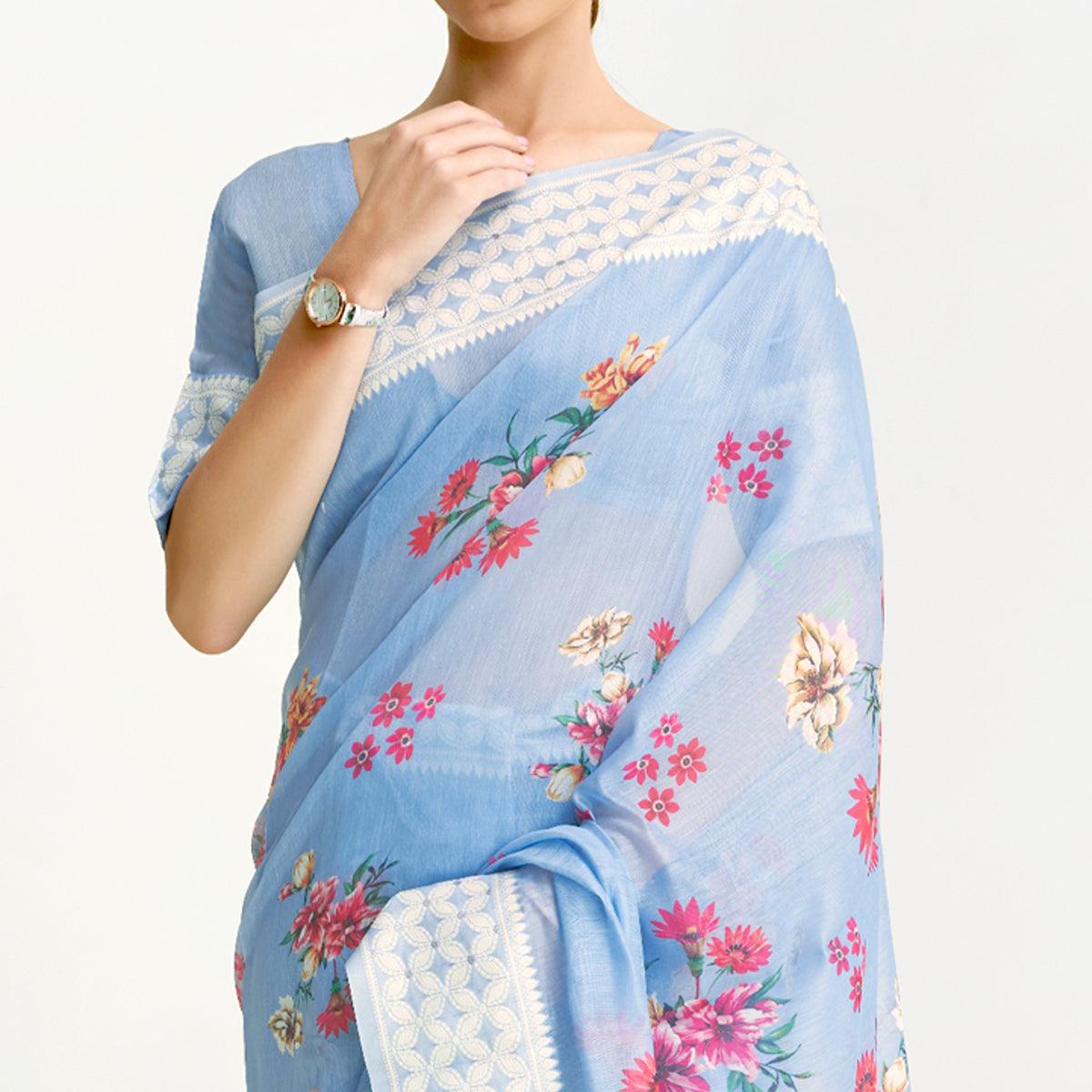 Blue Partywear Digital Printed Chanderi Saree - Peachmode