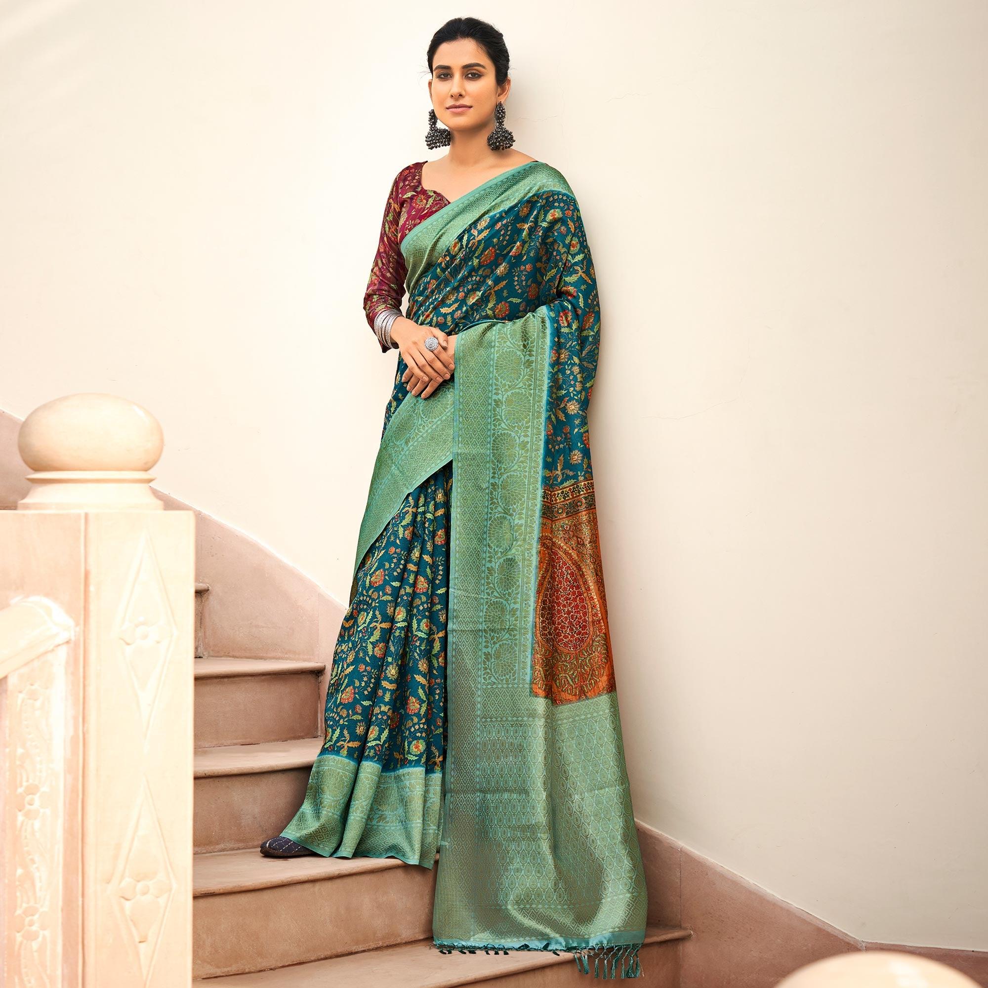 Blue Partywear Digital Printed Silk Saree - Peachmode