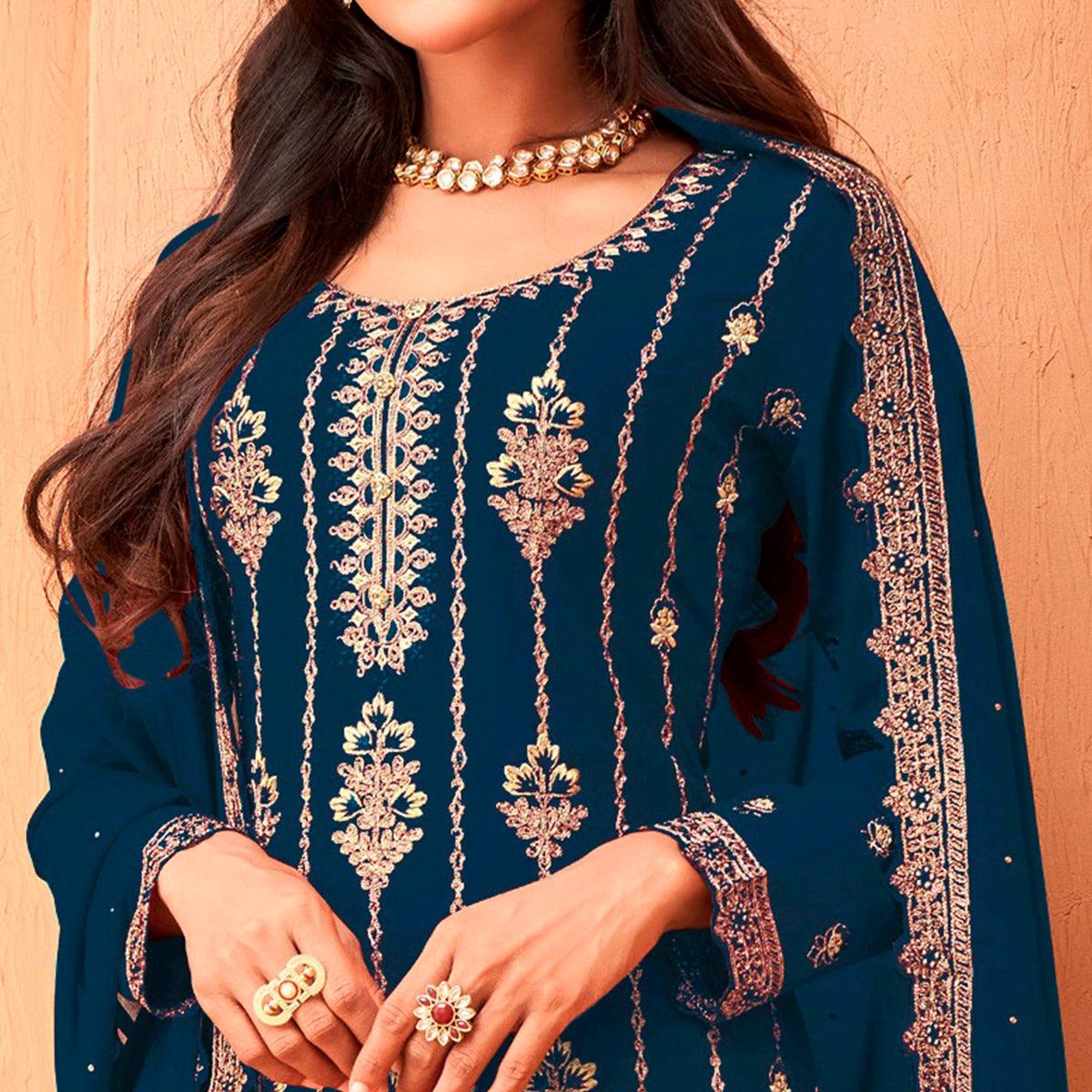 Blue Partywear Embroidered & Sequence Work Faux Georgette Salwar Suit - Peachmode