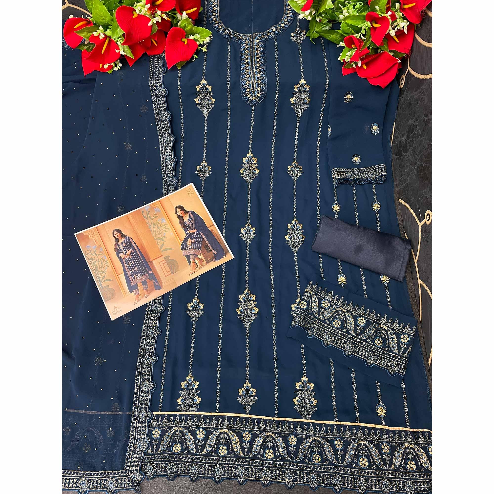 Blue Partywear Embroidered & Sequence Work Faux Georgette Salwar Suit - Peachmode
