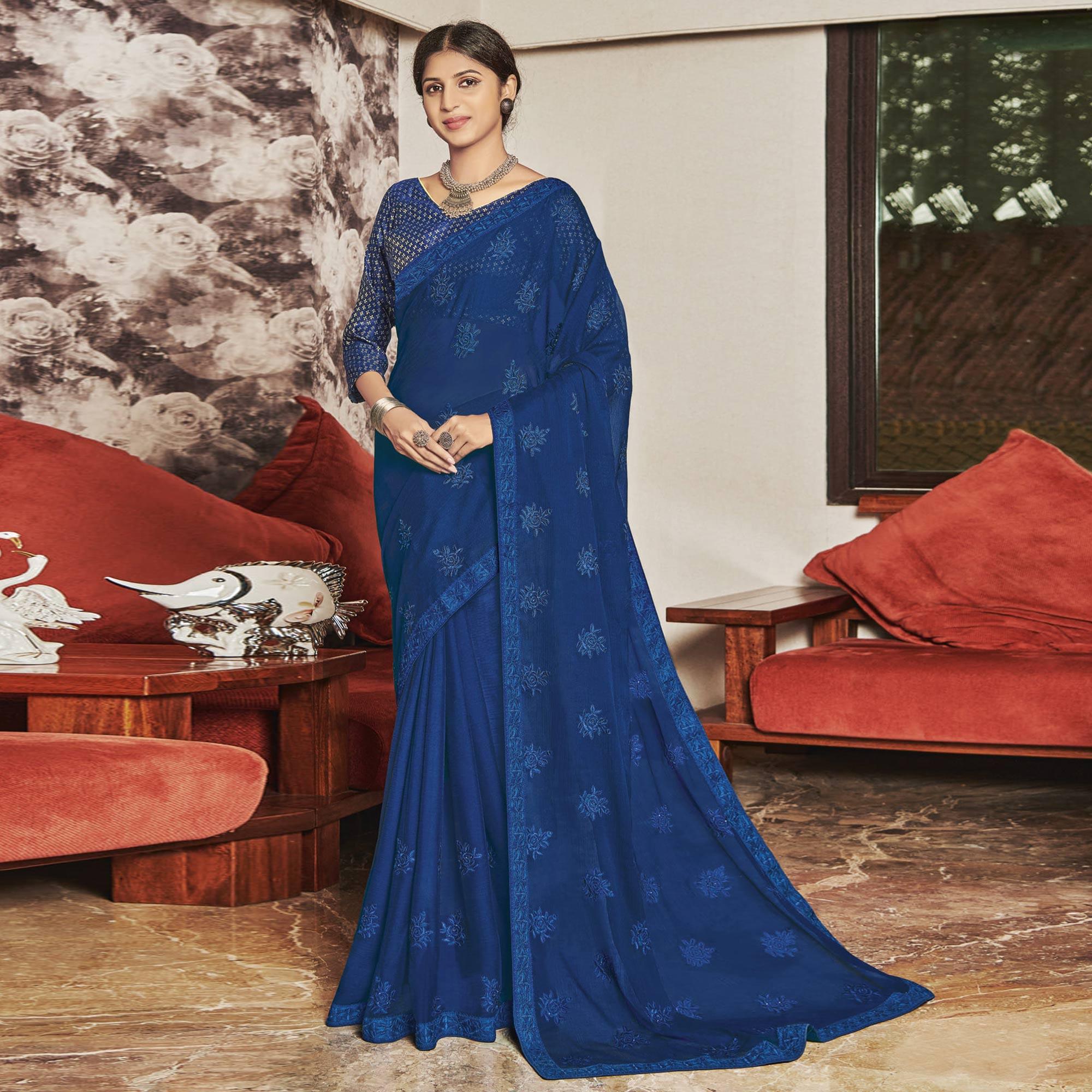 Blue Partywear Embroidered Chiffon Saree - Peachmode