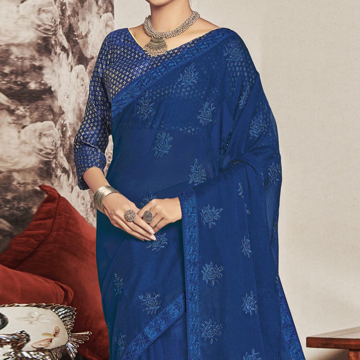 Blue Partywear Embroidered Chiffon Saree - Peachmode