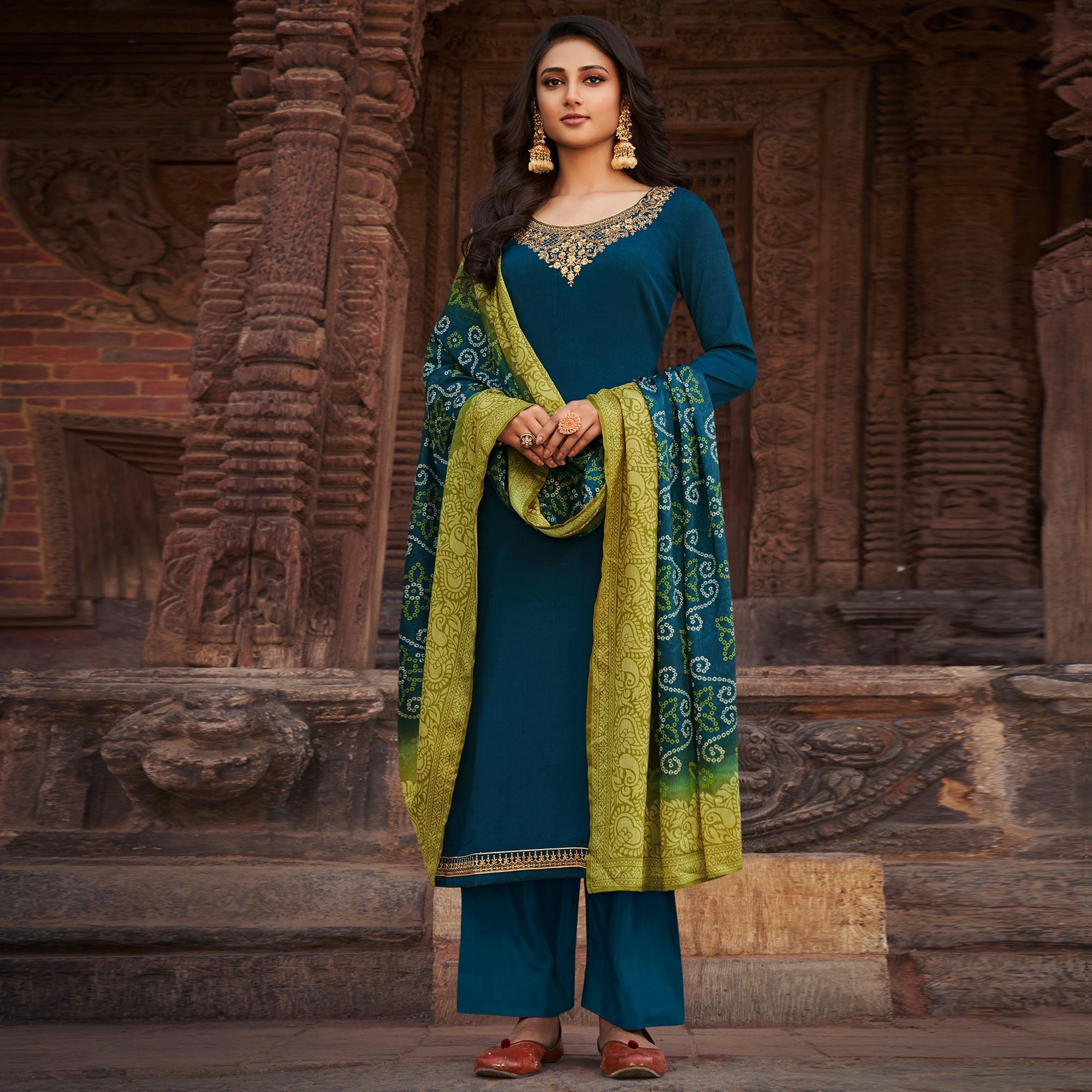 Blue Partywear Embroidered Chinon chiffon Suit - Peachmode