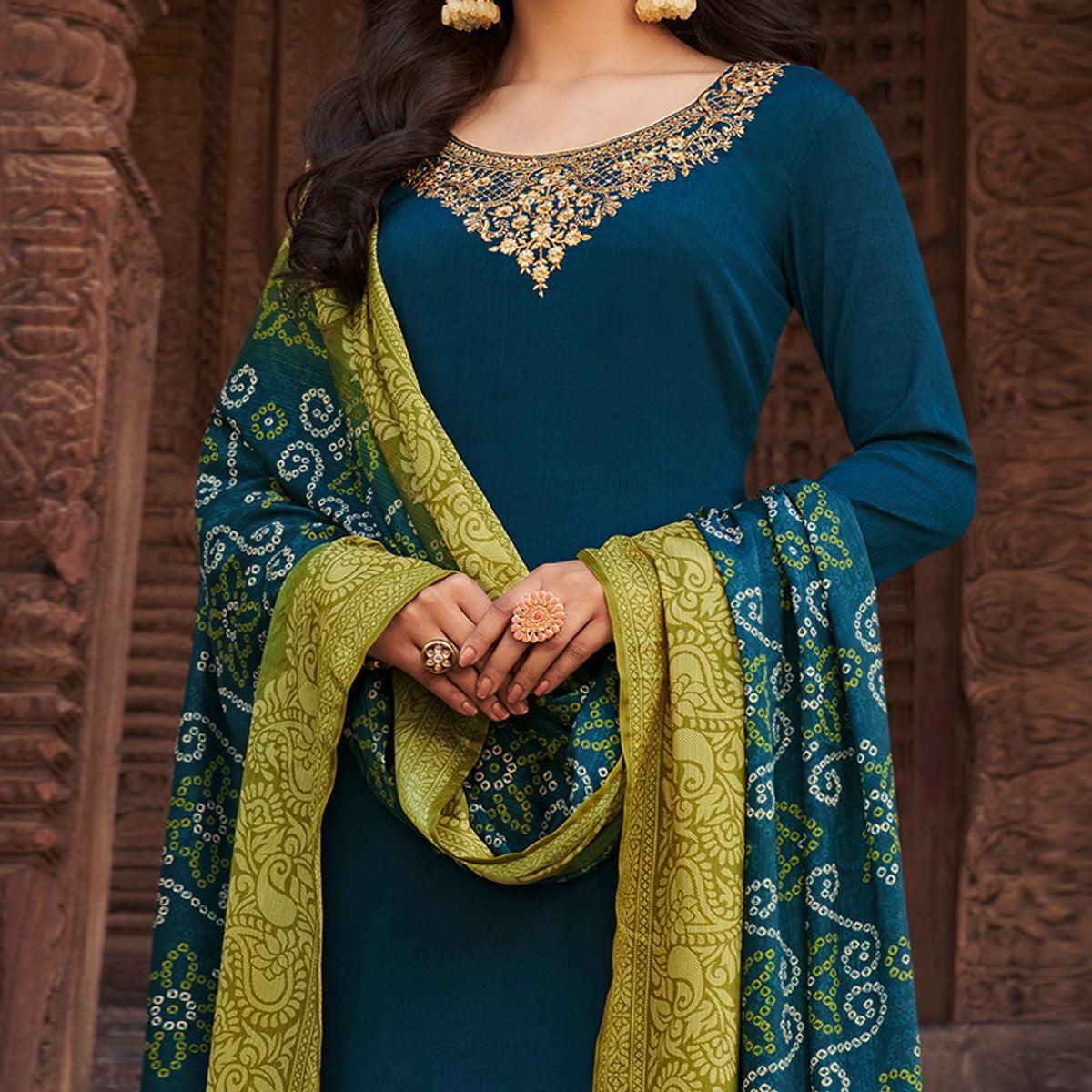 Blue Partywear Embroidered Chinon chiffon Suit - Peachmode