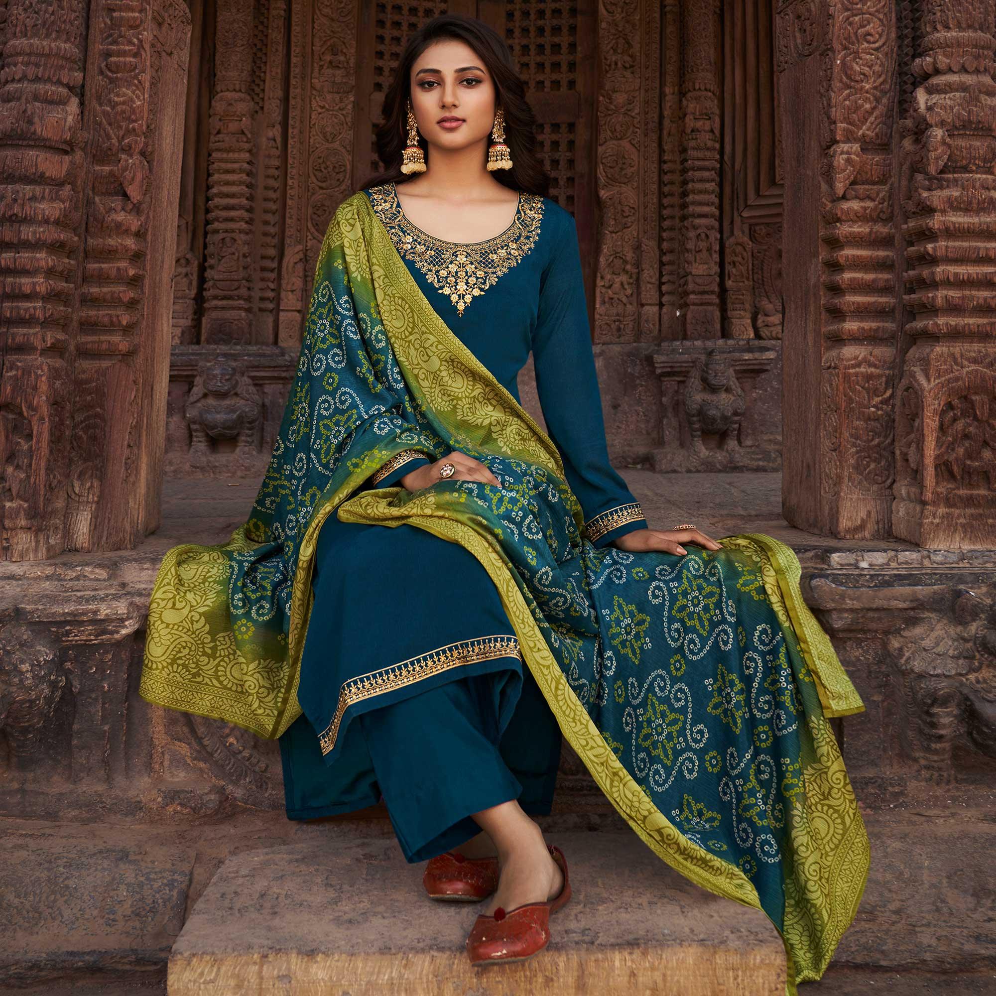 Blue Partywear Embroidered Chinon chiffon Suit - Peachmode