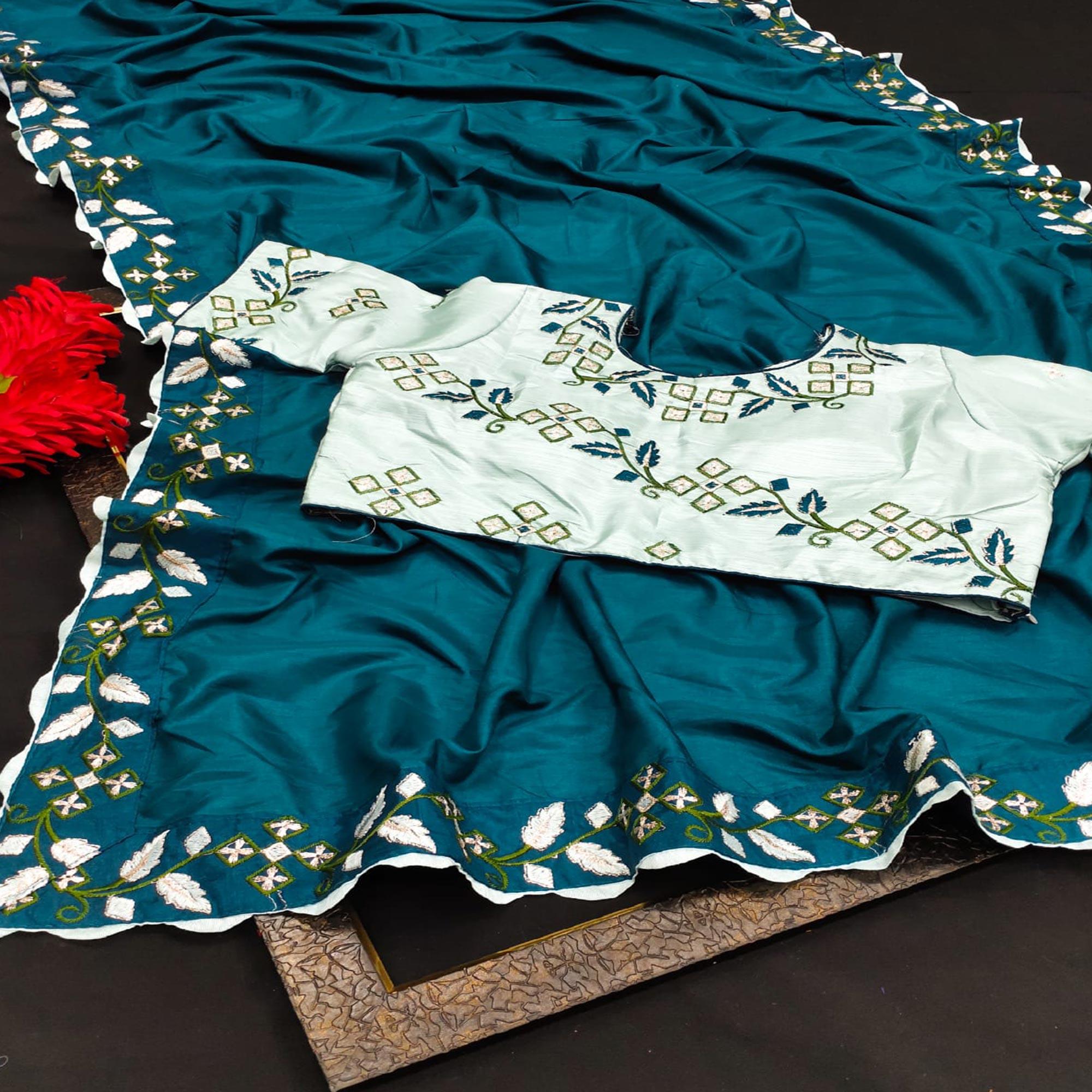 Blue Partywear Embroidered Dola Silk Saree - Peachmode