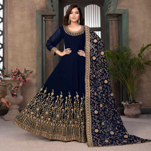 Blue Partywear Embroidered Georgette Anarkali Suit - Peachmode