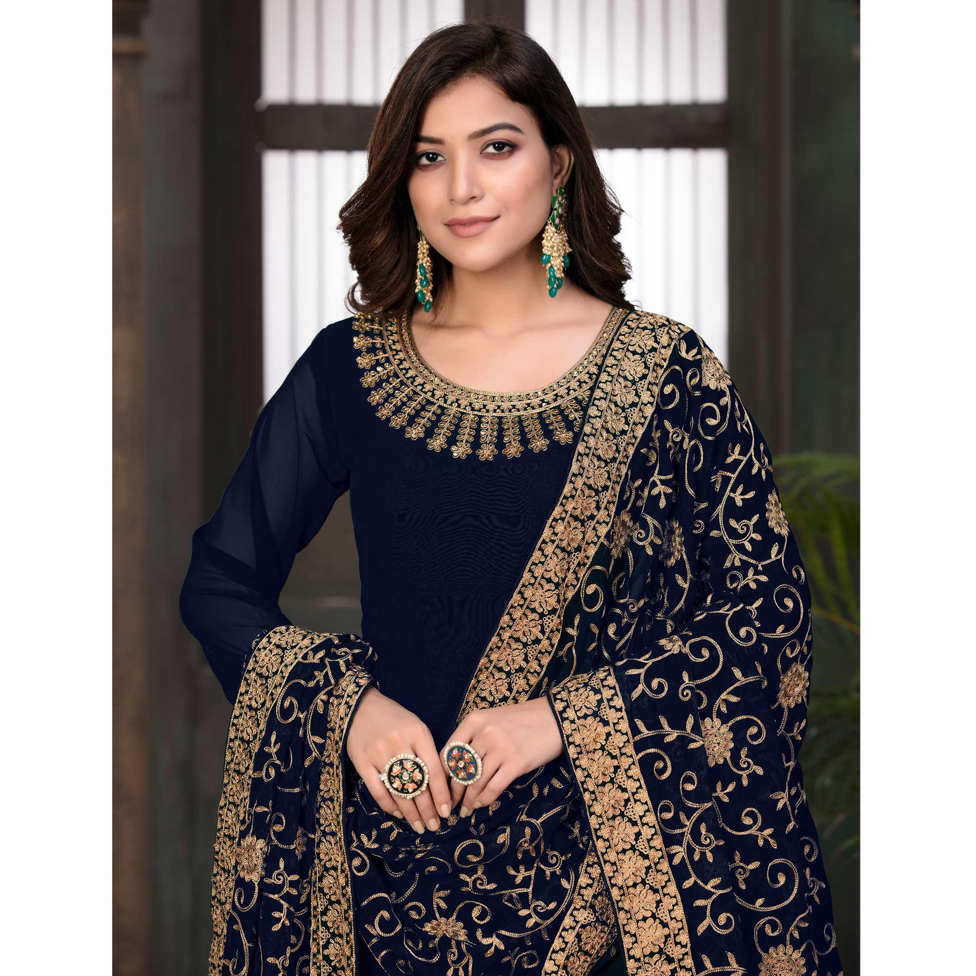 Blue Partywear Embroidered Georgette Anarkali Suit - Peachmode