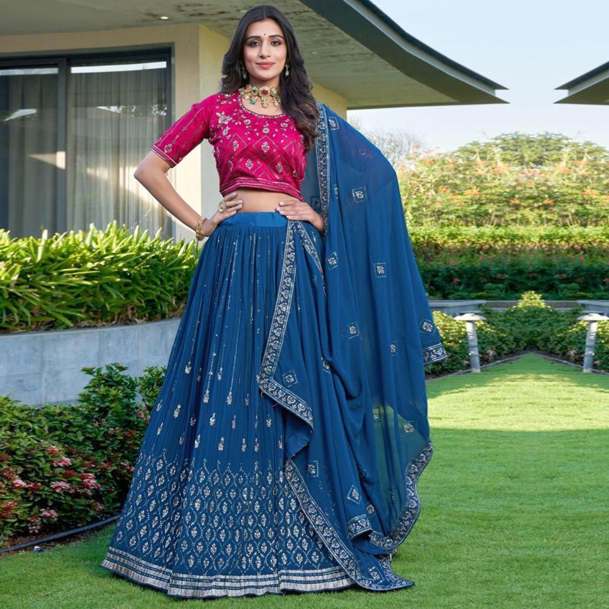 Blue Partywear Embroidered Georgette Lehenga Choli - Peachmode