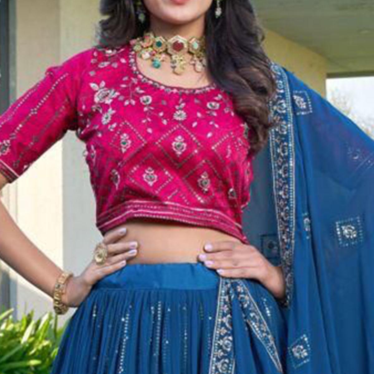 Blue Partywear Embroidered Georgette Lehenga Choli - Peachmode