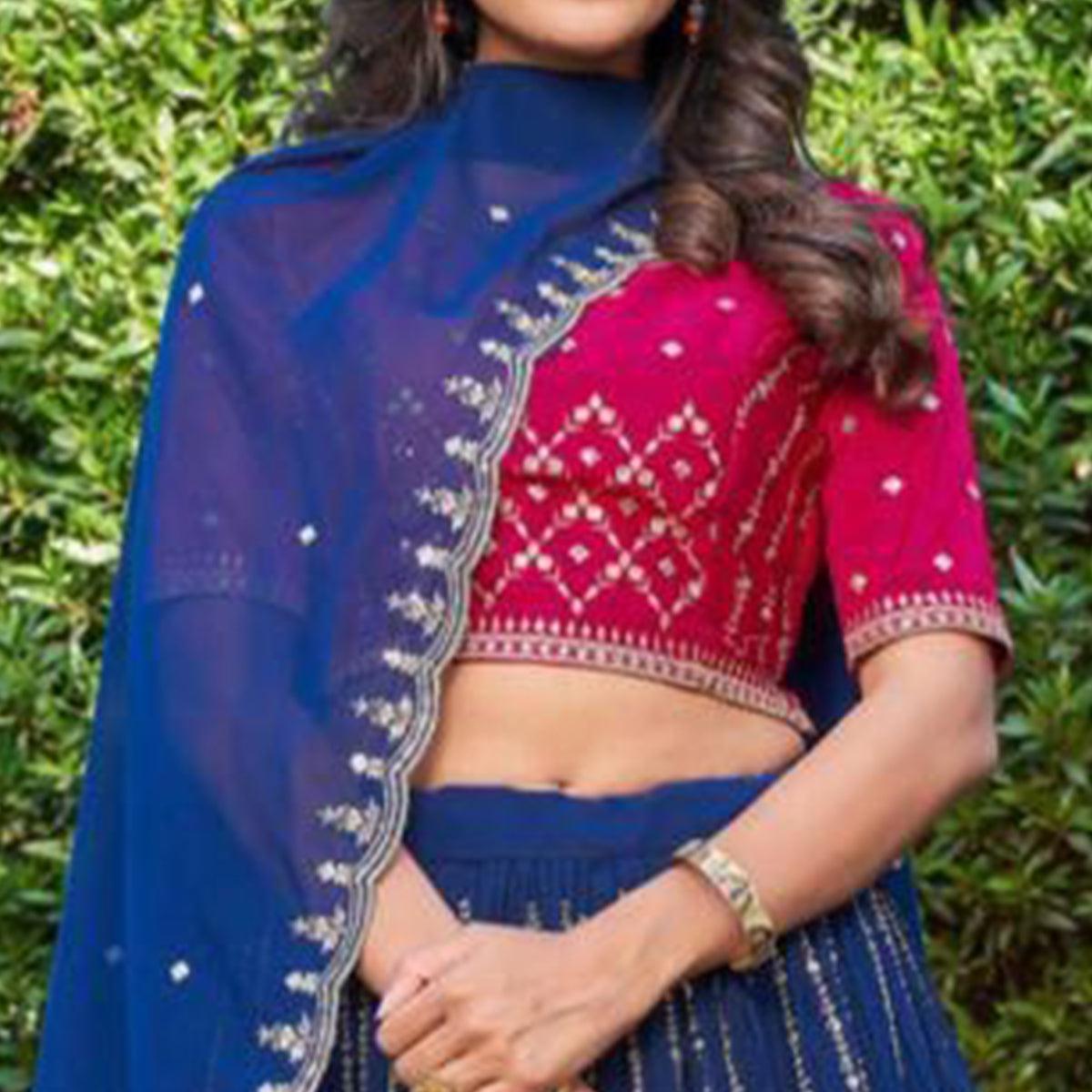 Blue Partywear Embroidered Georgette Lehenga Choli - Peachmode