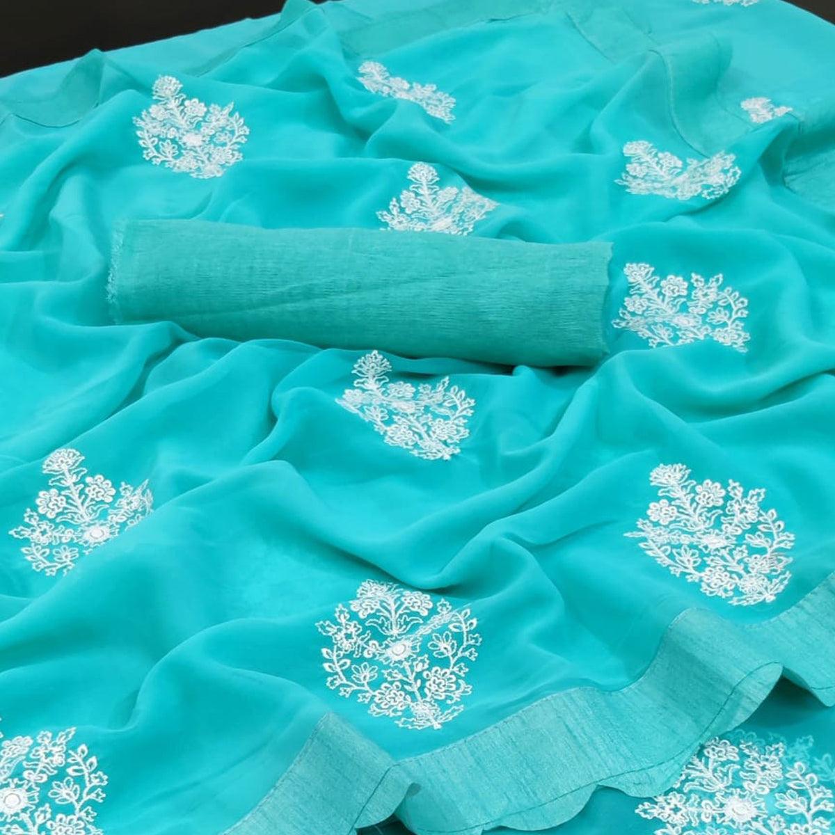 Blue Partywear Embroidered Georgette Saree With Cut Less - Peachmode