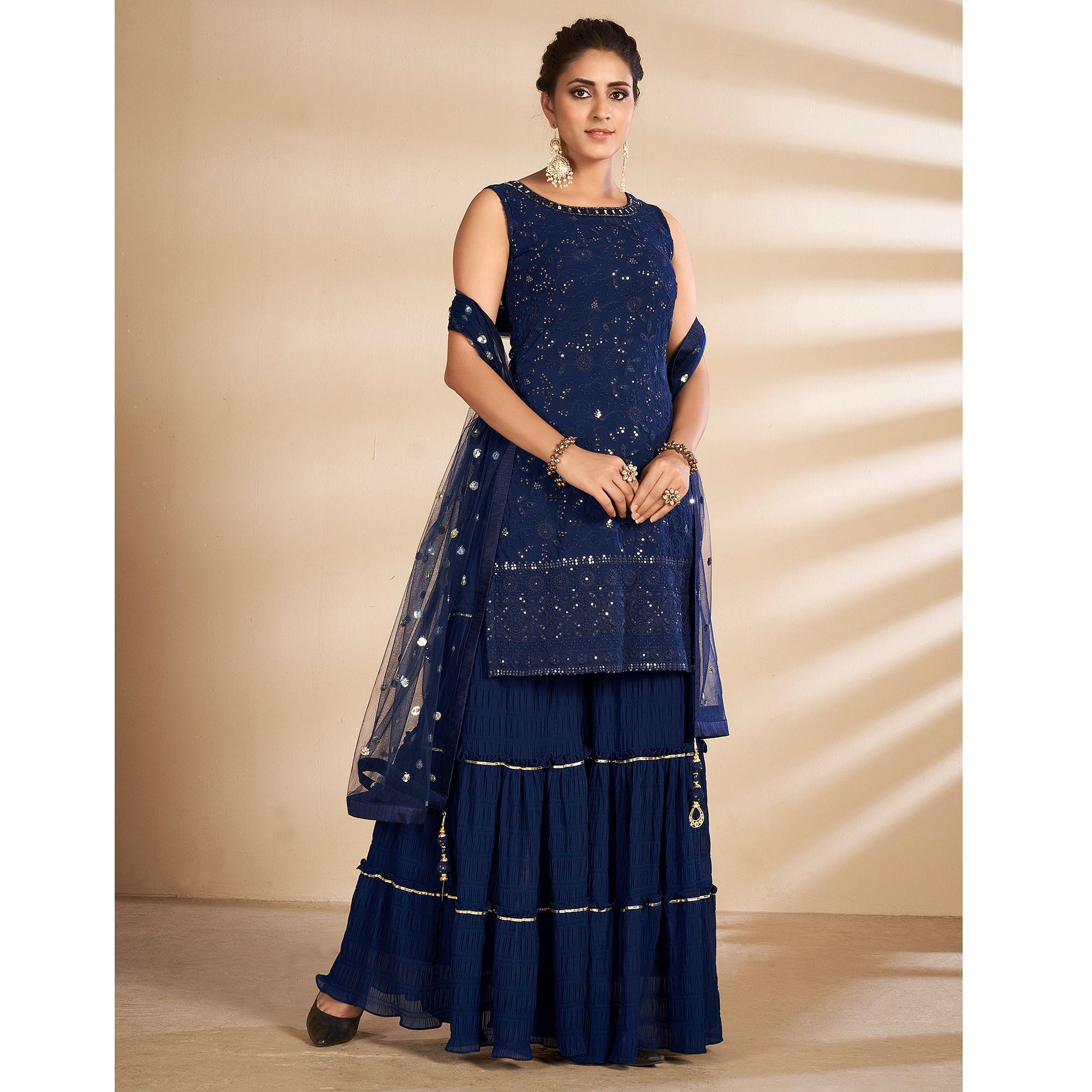 Blue Partywear Embroidered Georgette Sharara Suit - Peachmode