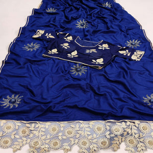 Blue Partywear Embroidered Heavy Dola Silk Saree - Peachmode