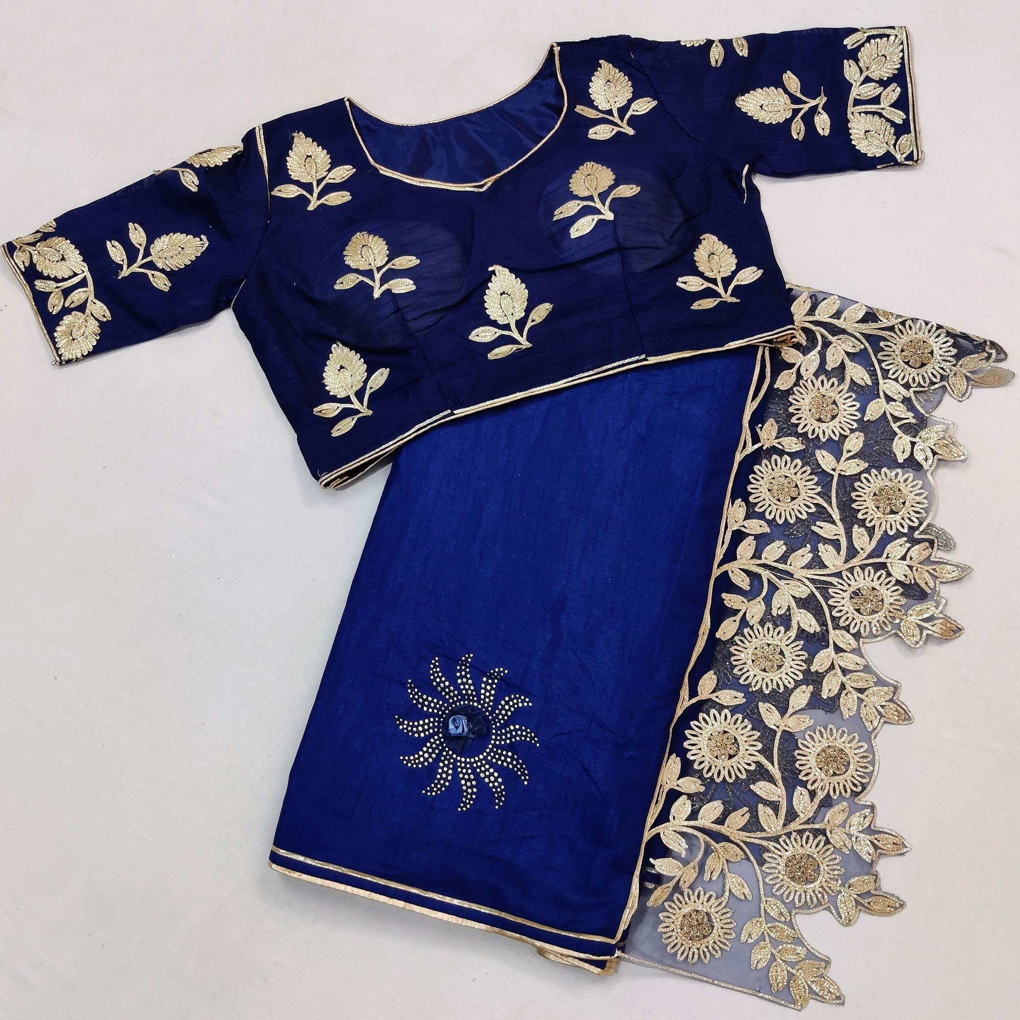 Blue Partywear Embroidered Heavy Dola Silk Saree - Peachmode