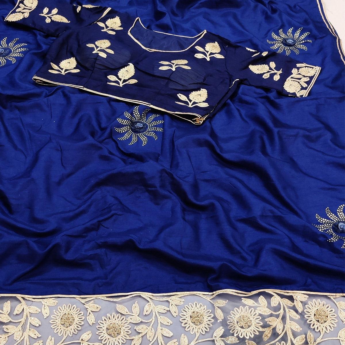 Blue Partywear Embroidered Heavy Dola Silk Saree - Peachmode