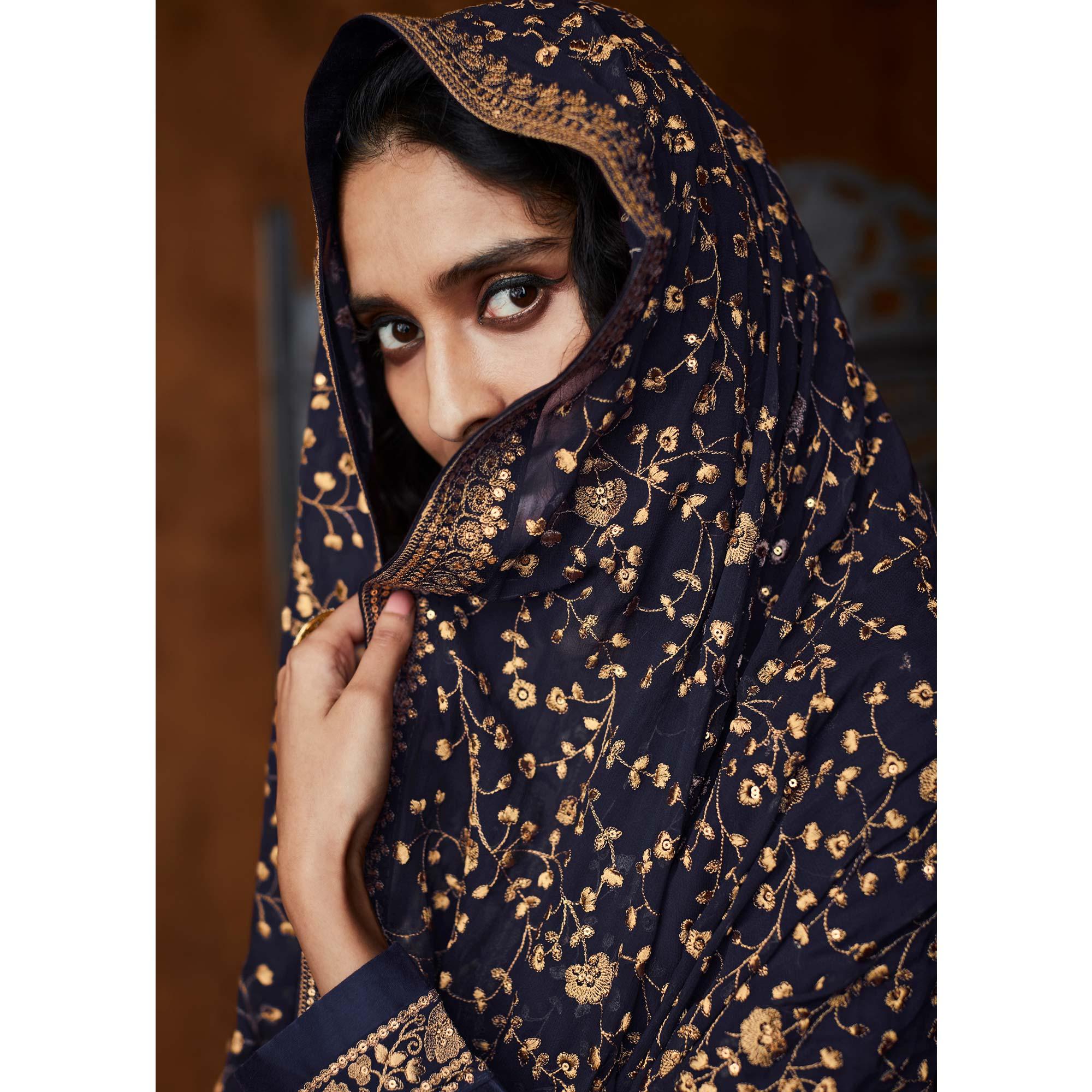 Blue Partywear Embroidered Heavy Faux Georgette Palazzo Suit - Peachmode