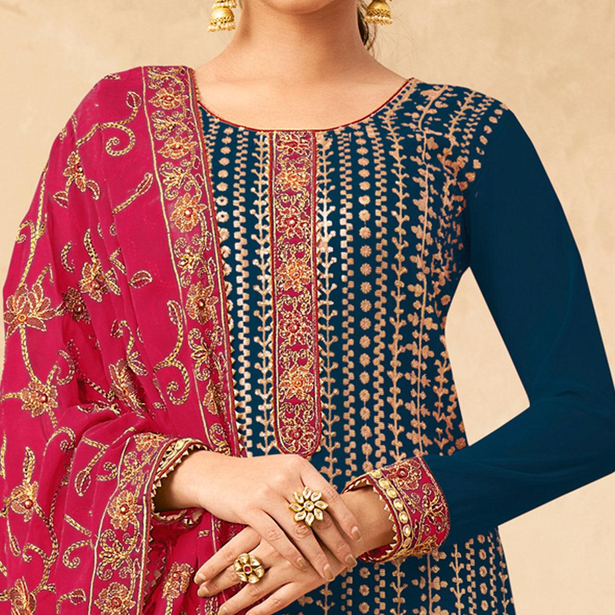 Blue Partywear Embroidered Pure Georgette Kurti Pant Set - Peachmode