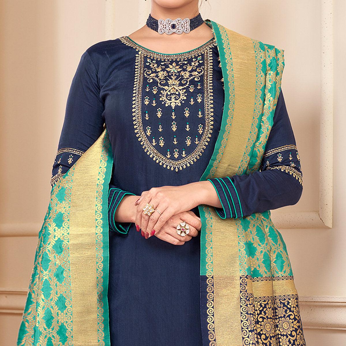 Blue Partywear Embroidered Rayon Palazzo Suit - Peachmode