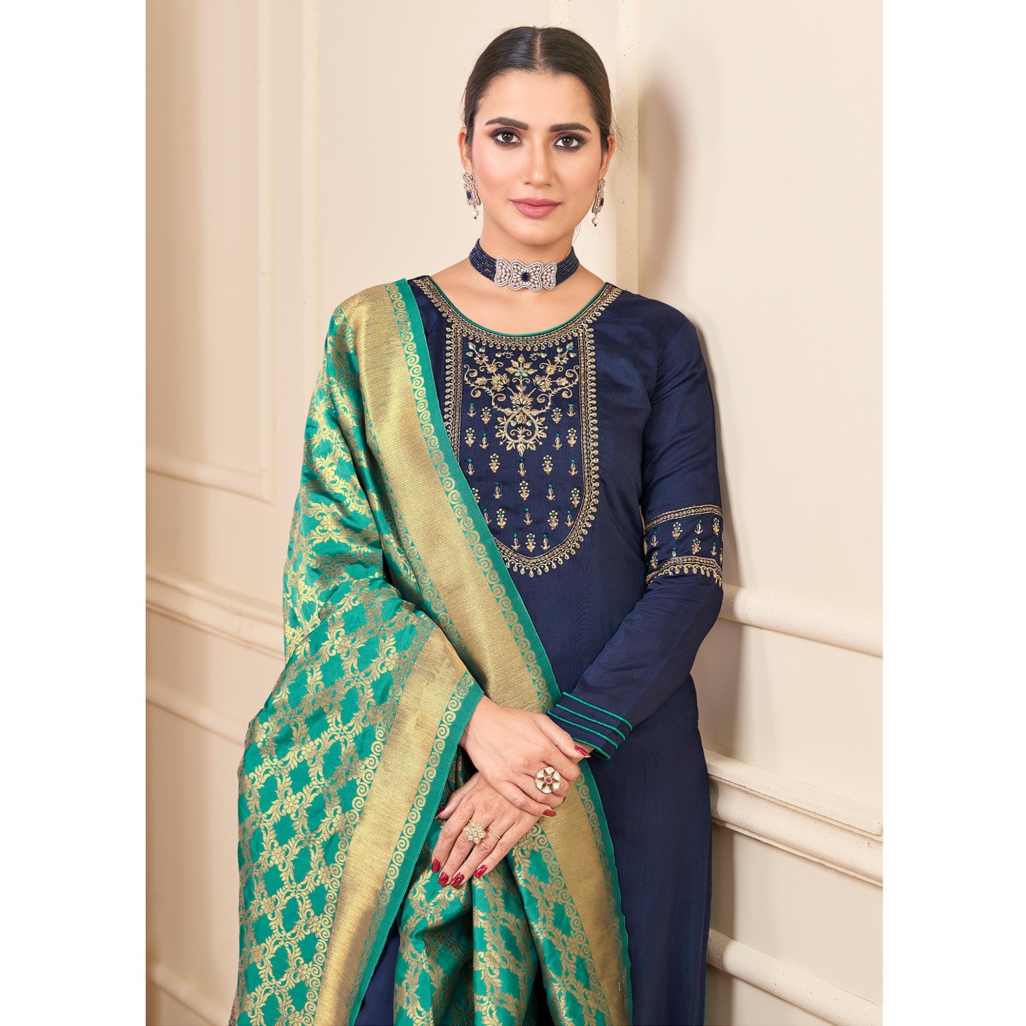 Blue Partywear Embroidered Rayon Palazzo Suit - Peachmode