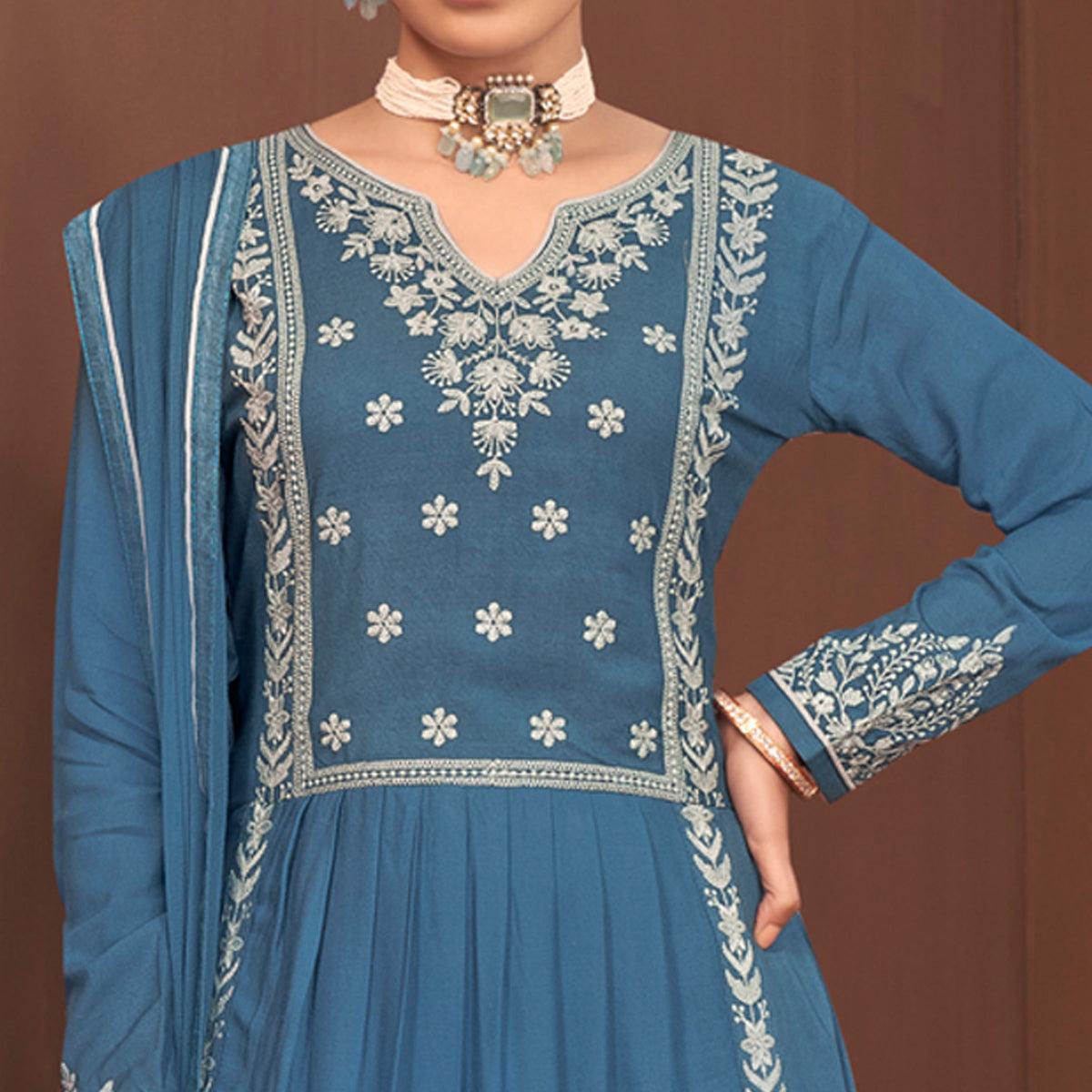 Blue Partywear Embroidered Rayon Palazzo Suit - Peachmode