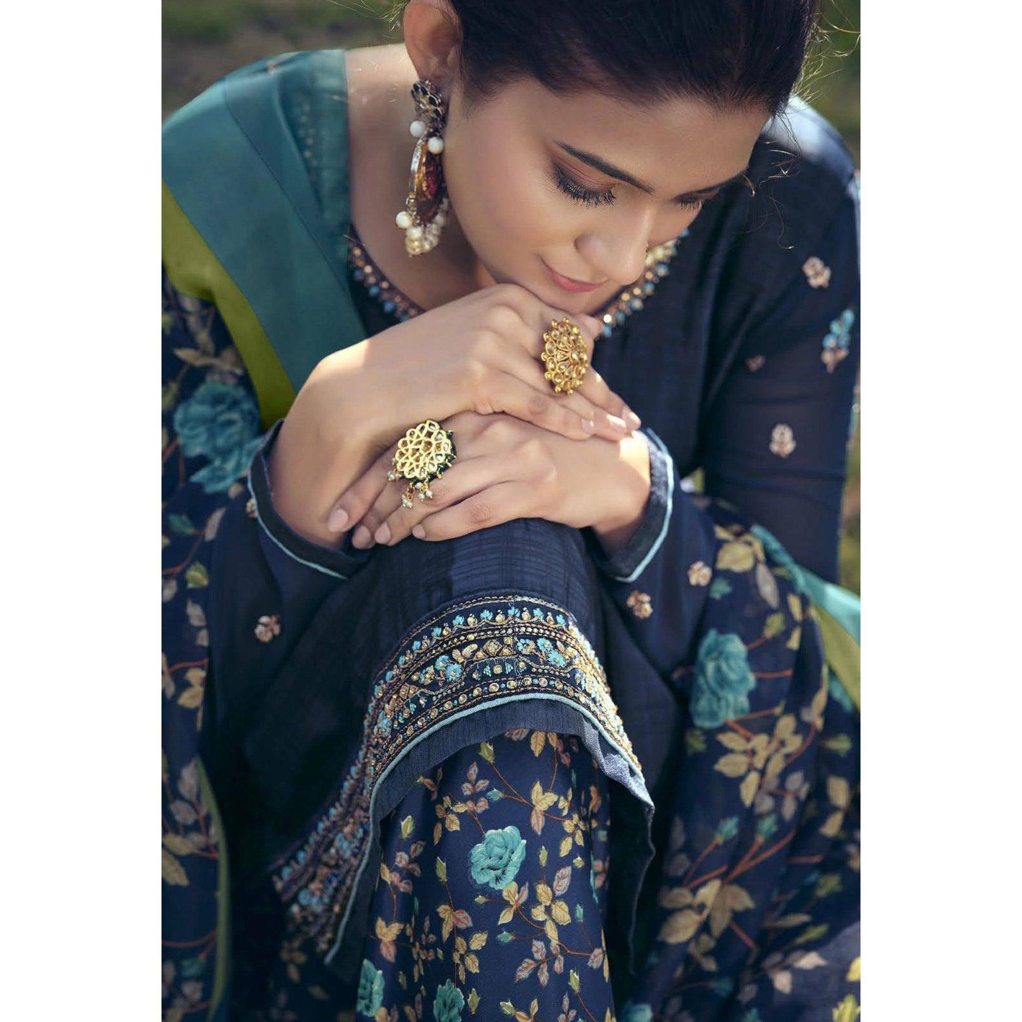 Blue Partywear Embroidered Royal French Crepe Patiala Suit - Peachmode