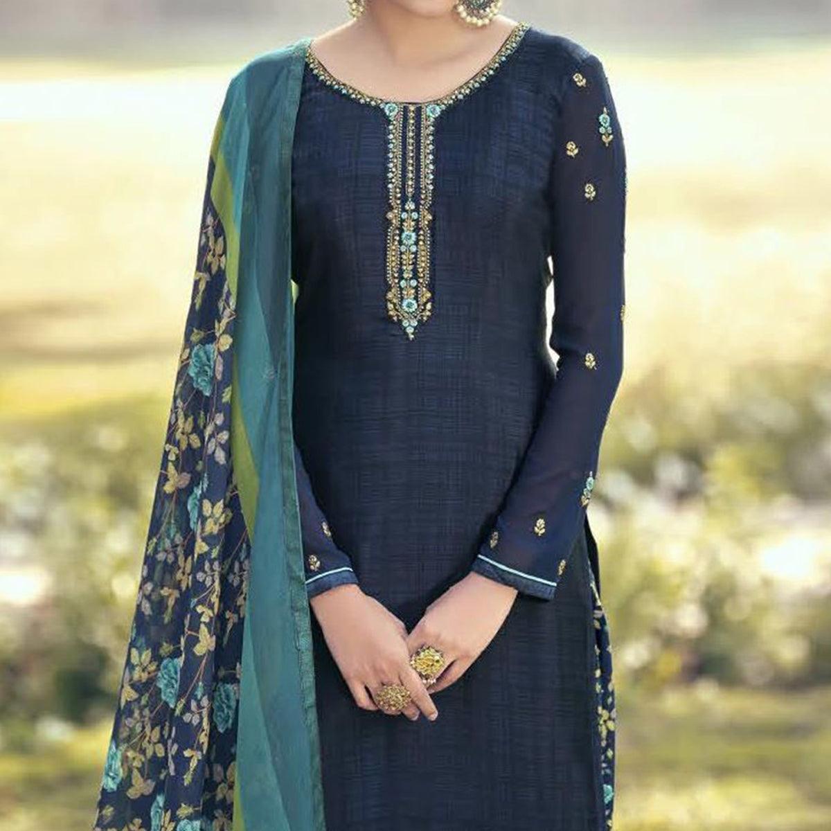 Blue Partywear Embroidered Royal French Crepe Patiala Suit - Peachmode