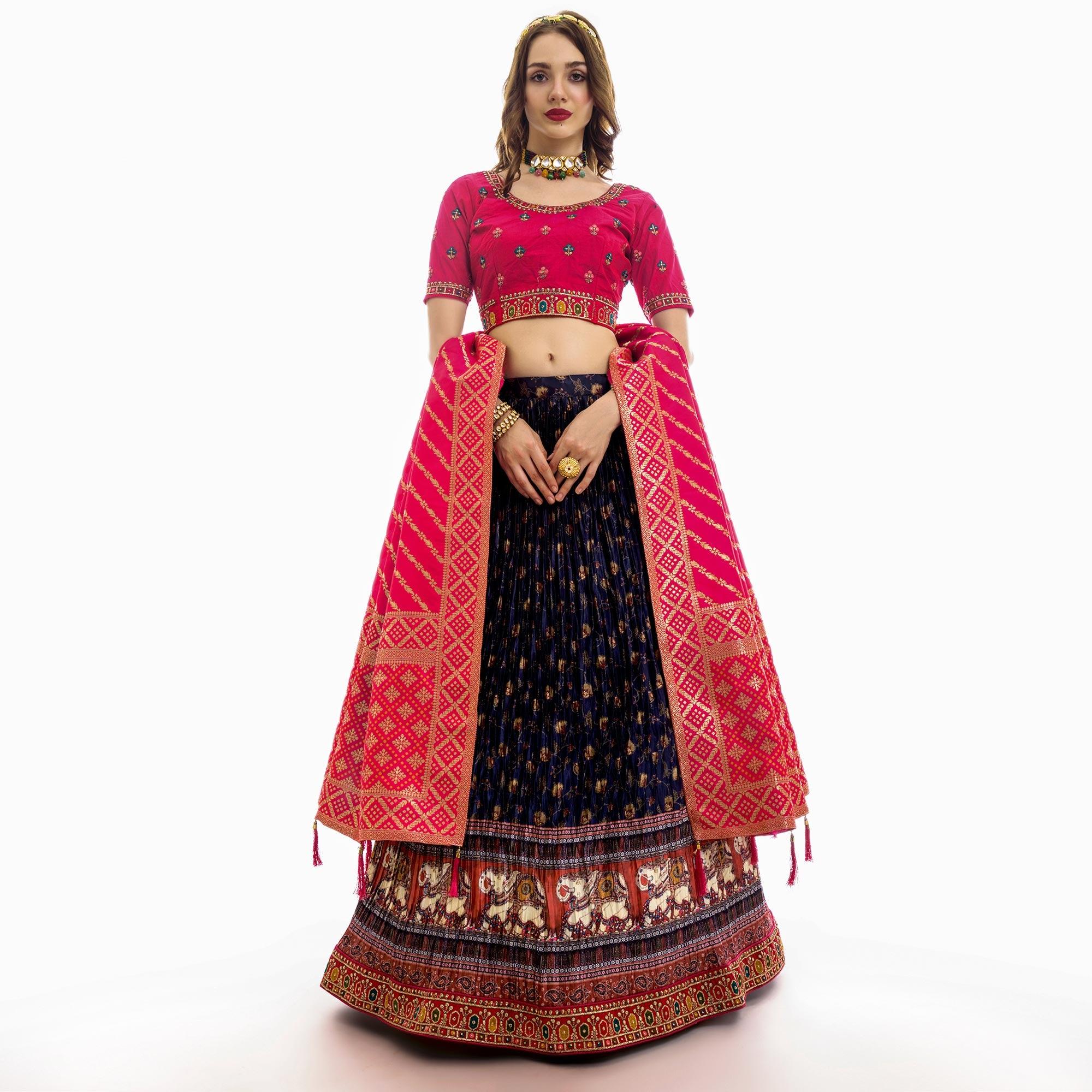 Blue Partywear Embroidered Satin Lehenga Choli - Peachmode