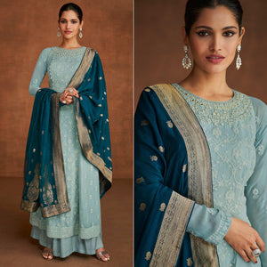 Blue Partywear Embroidered With Embellished Georgette Suit - Peachmode