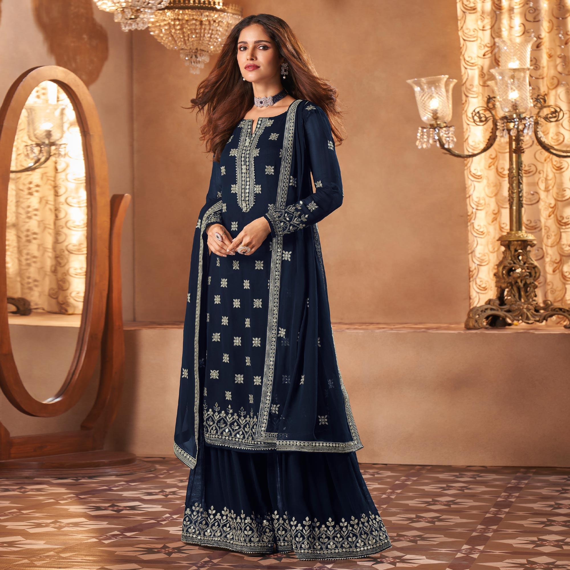 Blue Partywear Embroidery With Embellished Georgette Palazzo Suit - Peachmode
