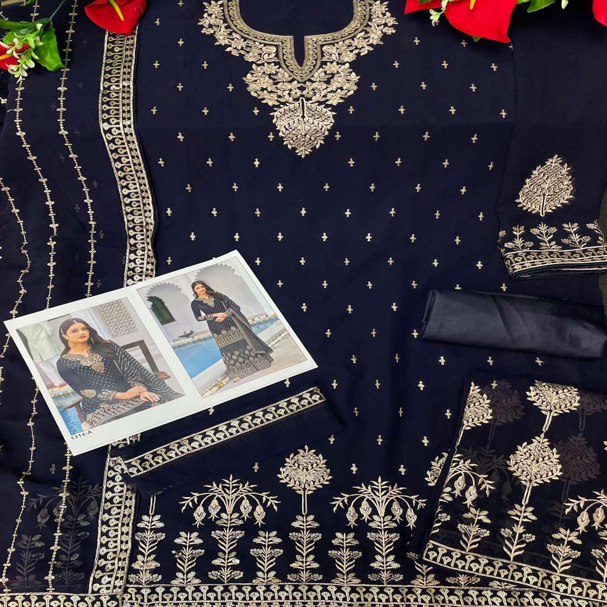 Blue Partywear Embroidery With Sequence Heavy Faux Georgette Salwar Suit - Peachmode
