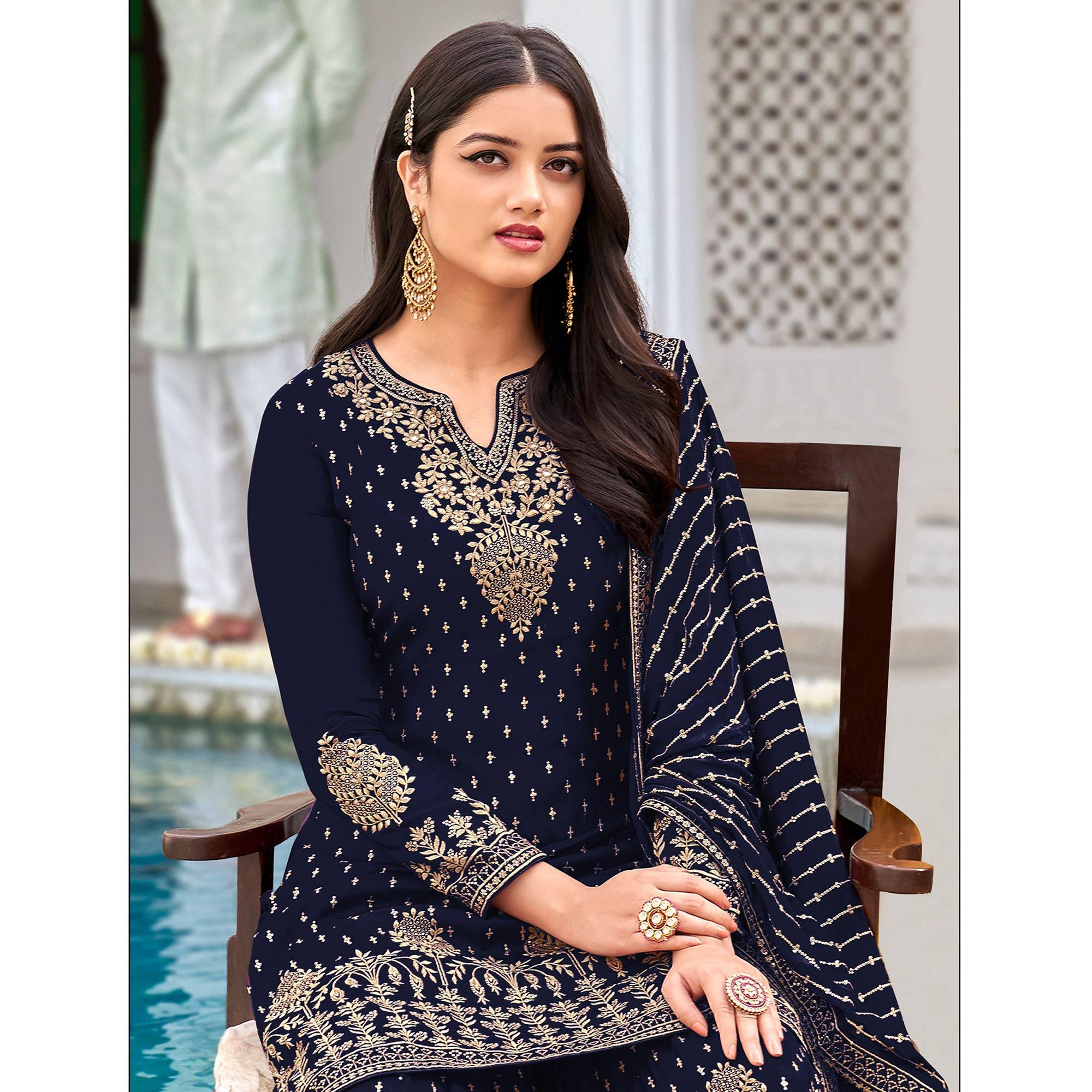 Blue Partywear Embroidery With Sequence Heavy Faux Georgette Salwar Suit - Peachmode
