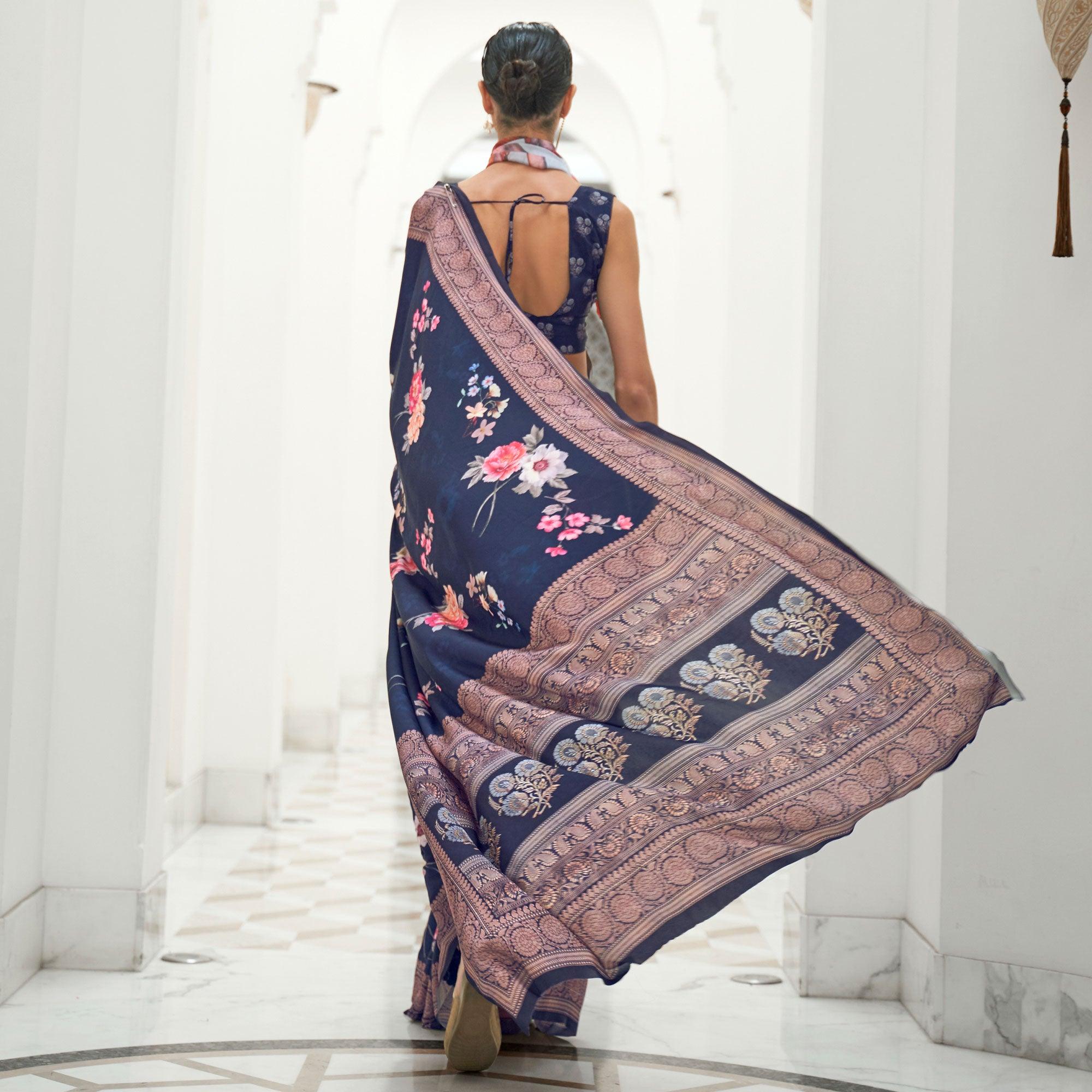 Blue Partywear Floral Digital Printed Silk Saree - Peachmode