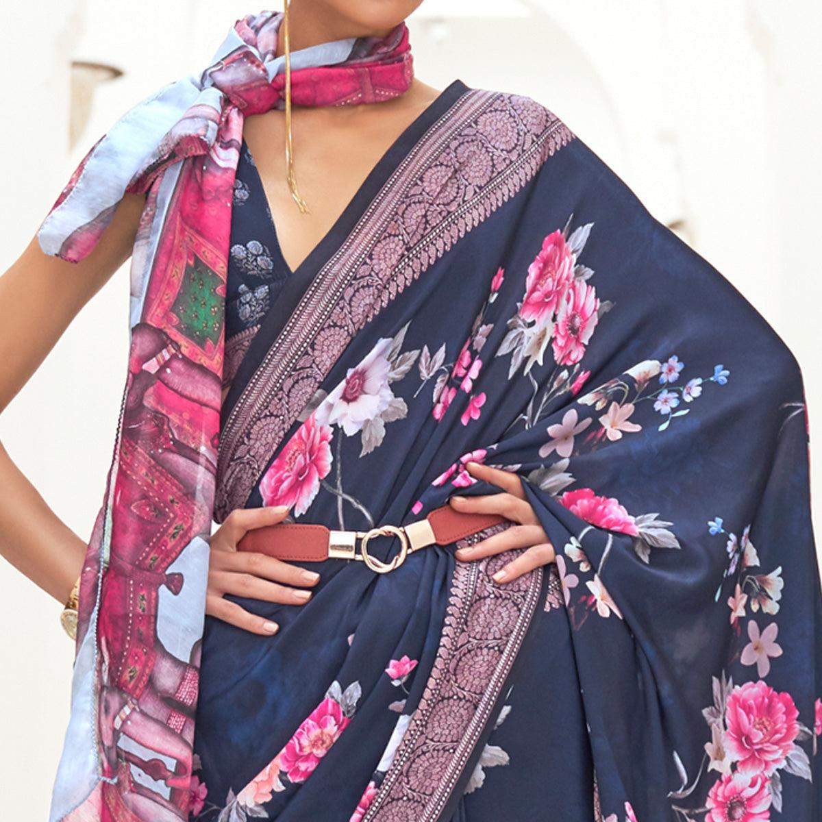 Blue Partywear Floral Digital Printed Silk Saree - Peachmode