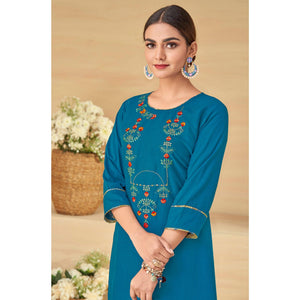 Blue Partywear Floral Embroidered Rayon Kurti Palazzo Set - Peachmode