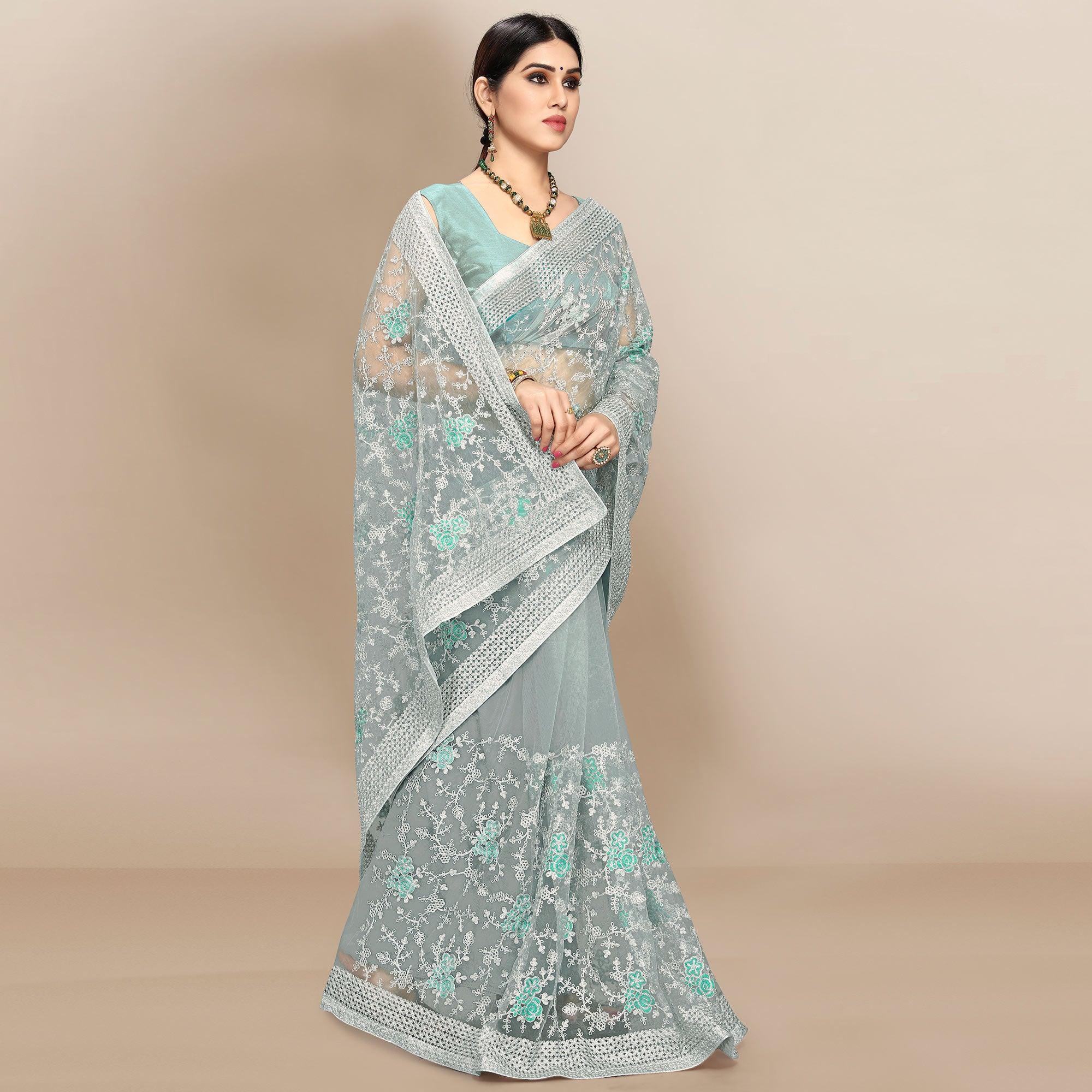 Blue Partywear Floral Embroidered Soft Net Saree - Peachmode