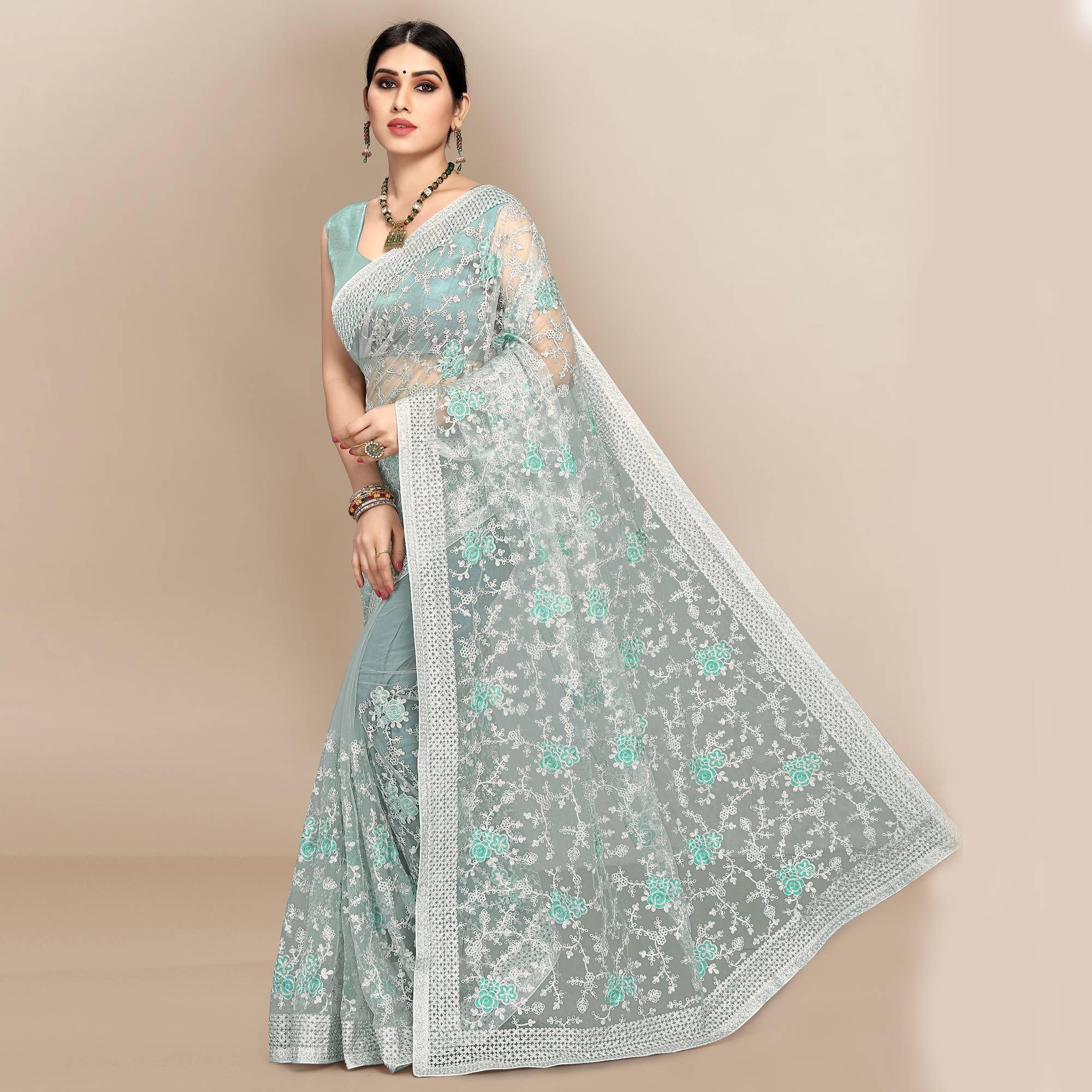 Blue Partywear Floral Embroidered Soft Net Saree - Peachmode