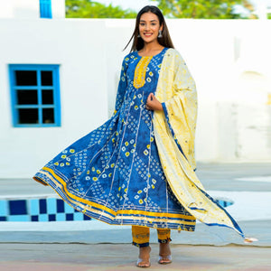 Blue Partywear Floral Embroidered With Print Cotton Anarkali Suit - Peachmode