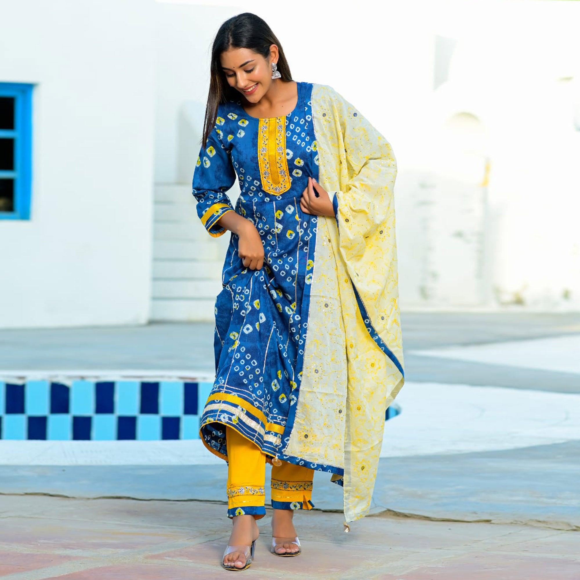 Blue Partywear Floral Embroidered With Print Cotton Anarkali Suit - Peachmode