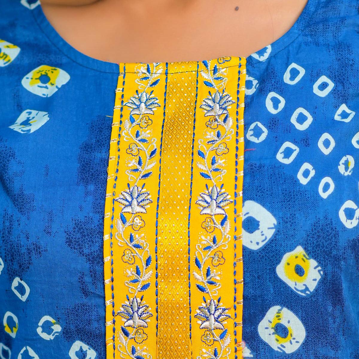 Blue Partywear Floral Embroidered With Print Cotton Anarkali Suit - Peachmode
